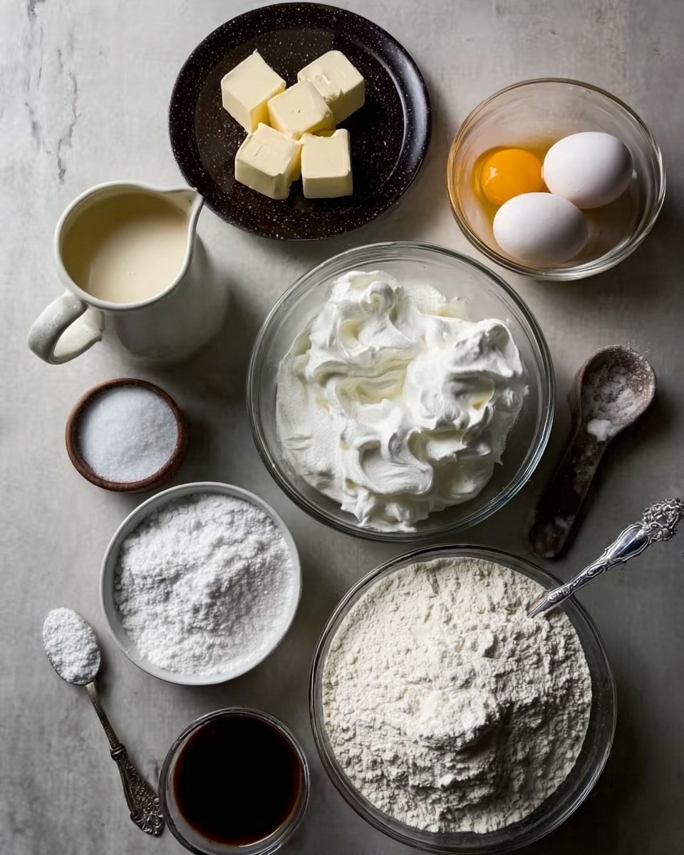 The image shows a top view of various baking ingredients placed on a white marbled surface. There are seven main containers: a small white pitcher holding a light cream liquid on the left, a small dark bowl on the top holding solid white butter pieces, a clear bowl with three cracked eggs in the top right, and several white eggshell halves next to it. In the center, a glass mixing bowl contains whipped egg whites with a fluffy and foamy texture. To the left of this bowl, there is a small glass container with white granulated sugar, and next to it, a small pile of white powder, likely baking powder or baking soda. At the bottom right, there is a large round white bowl filled with white flour, and to the bottom left, a small cup with a dark liquid, probably vanilla extract or soy sauce. A woman's hand is partially visible holding a silver spoon with decorative edges near the white pitcher. The overall colors are mostly white with hints of dark and yellow from the eggs and other ingredients. Photo taken with an iphone --ar 4:5 --v 7