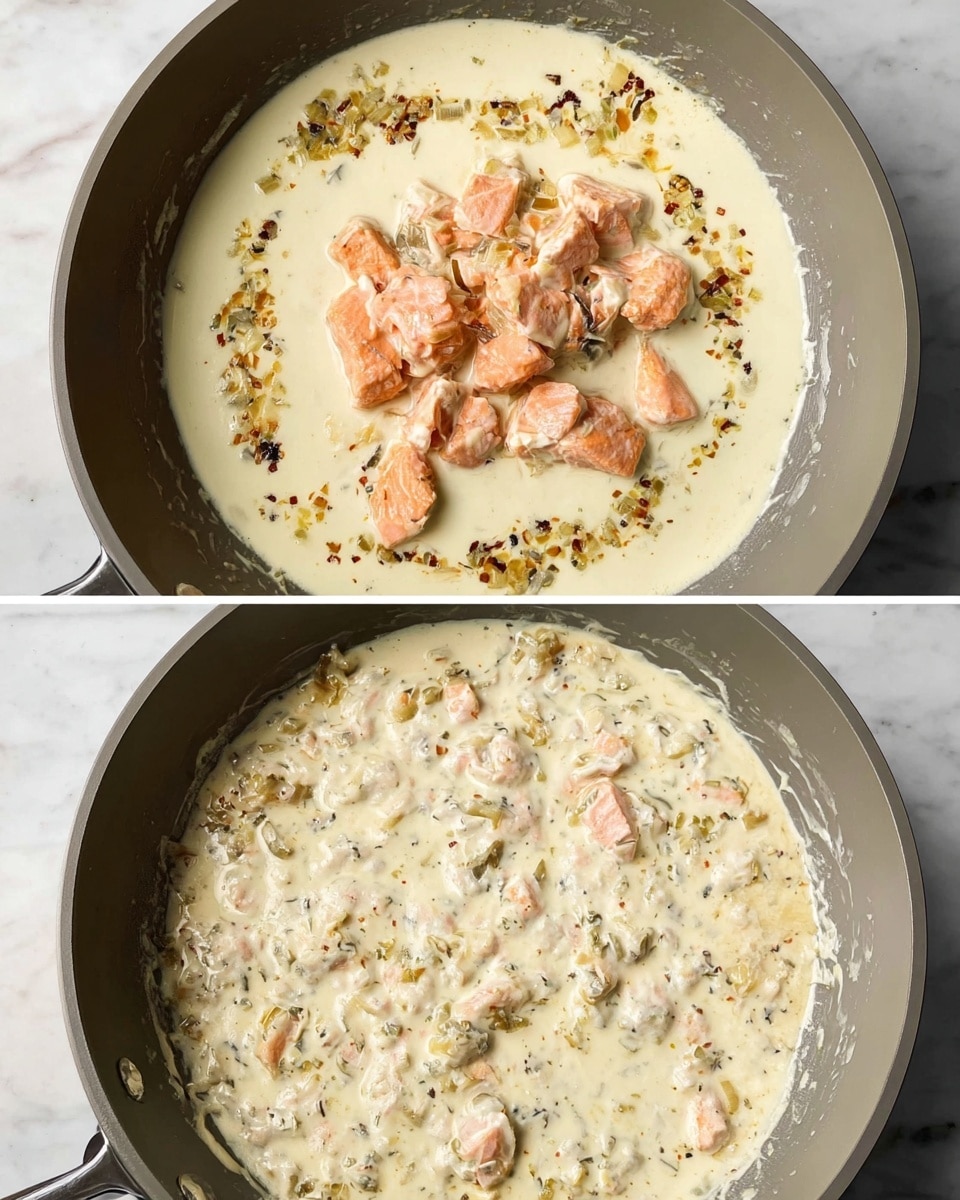 The image shows two stages of a dish being prepared in a round grey pan. The first stage has a creamy white sauce layer with small bits of green and brown spices and onions around the edges, covering most of the pan’s surface. The second stage has the same creamy sauce, now mixed and textured with small pieces, covering the pan more evenly, with several pink-orange cooked fish chunks clustered in the center on top. The pan sits on a white marbled surface, and the lighting is bright to highlight the texture and colors clearly. photo taken with an iphone --ar 4:5 --v 7