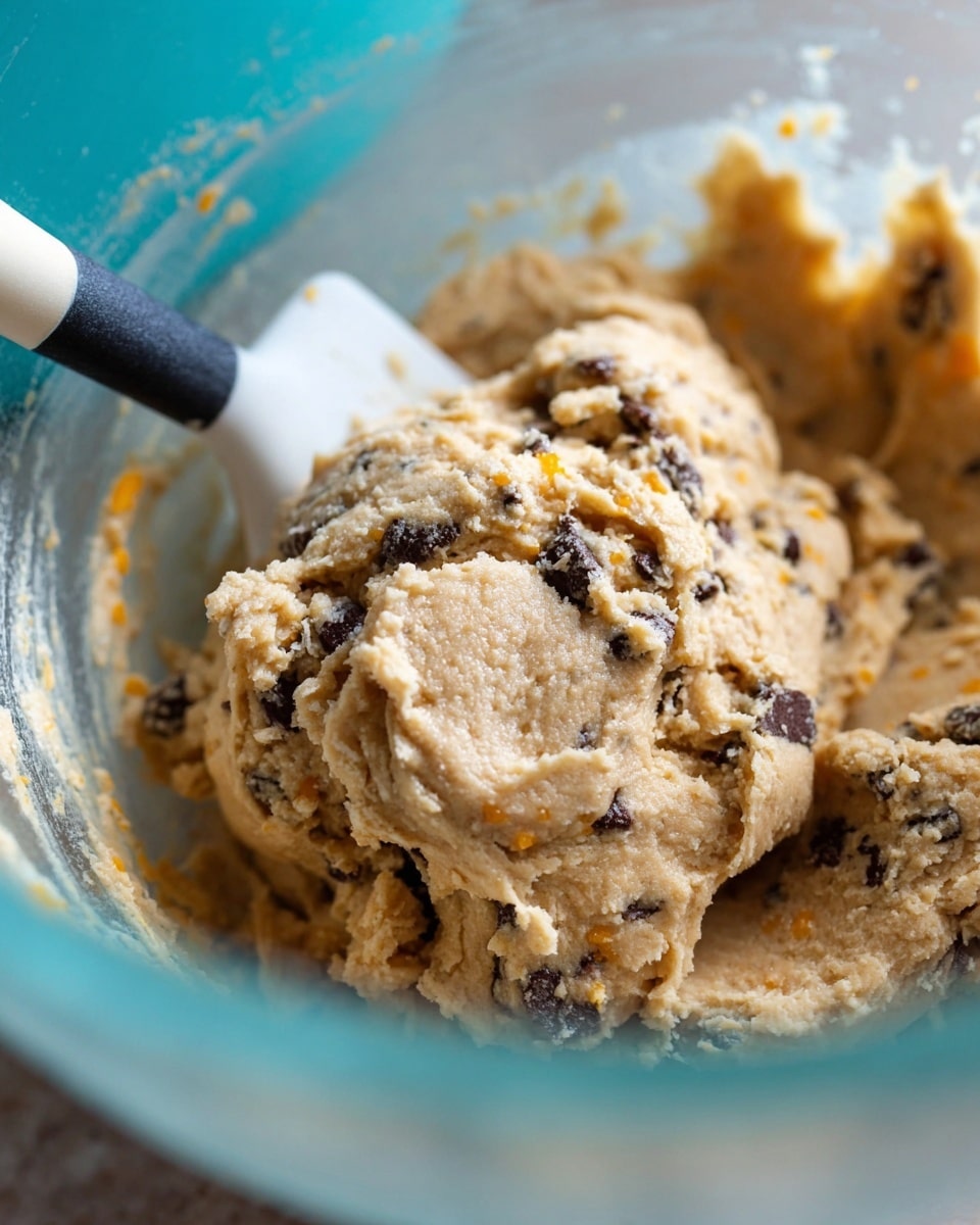 The image shows a close-up of thick, creamy cookie dough with visible small dark chocolate chunks and tiny orange specks mixed inside. The dough has a light brown color with a slightly grainy texture. It is in a clear mixing bowl with a smooth inside, and a white spatula with a black handle is partially inserted into the dough on the left side. The background is softly blurred, with a calming turquoise tone. photo taken with an iphone --ar 4:5 --v 7