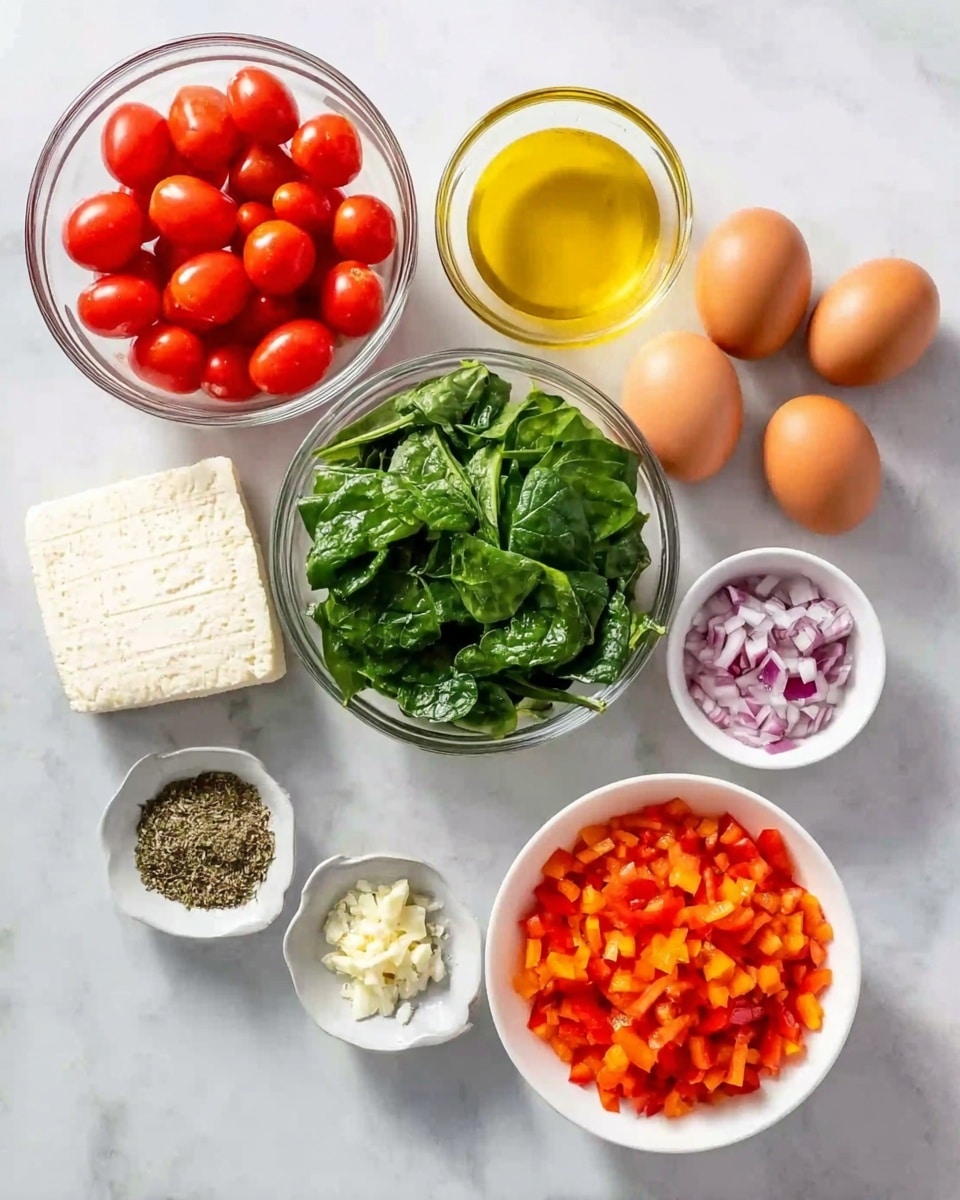 The image shows ingredients neatly placed on a white marbled surface: a clear glass bowl filled with bright red cherry tomatoes sits at the top left, next to three brown eggs arranged closely on the right. Below the eggs is a small glass bowl with golden olive oil. At the center is a medium glass bowl filled with fresh green spinach leaves. To its left is a block of white cheese, and below that is a small white dish containing a mix of dried herbs and spices. To the right of the herbs is a small glass bowl with finely chopped red onions, with a tiny bowl of minced garlic placed between the onions and spinach. At the bottom right, a larger white bowl holds finely chopped orange bell peppers, creating a colorful layout. The photo taken with an iphone --ar 4:5 --v 7