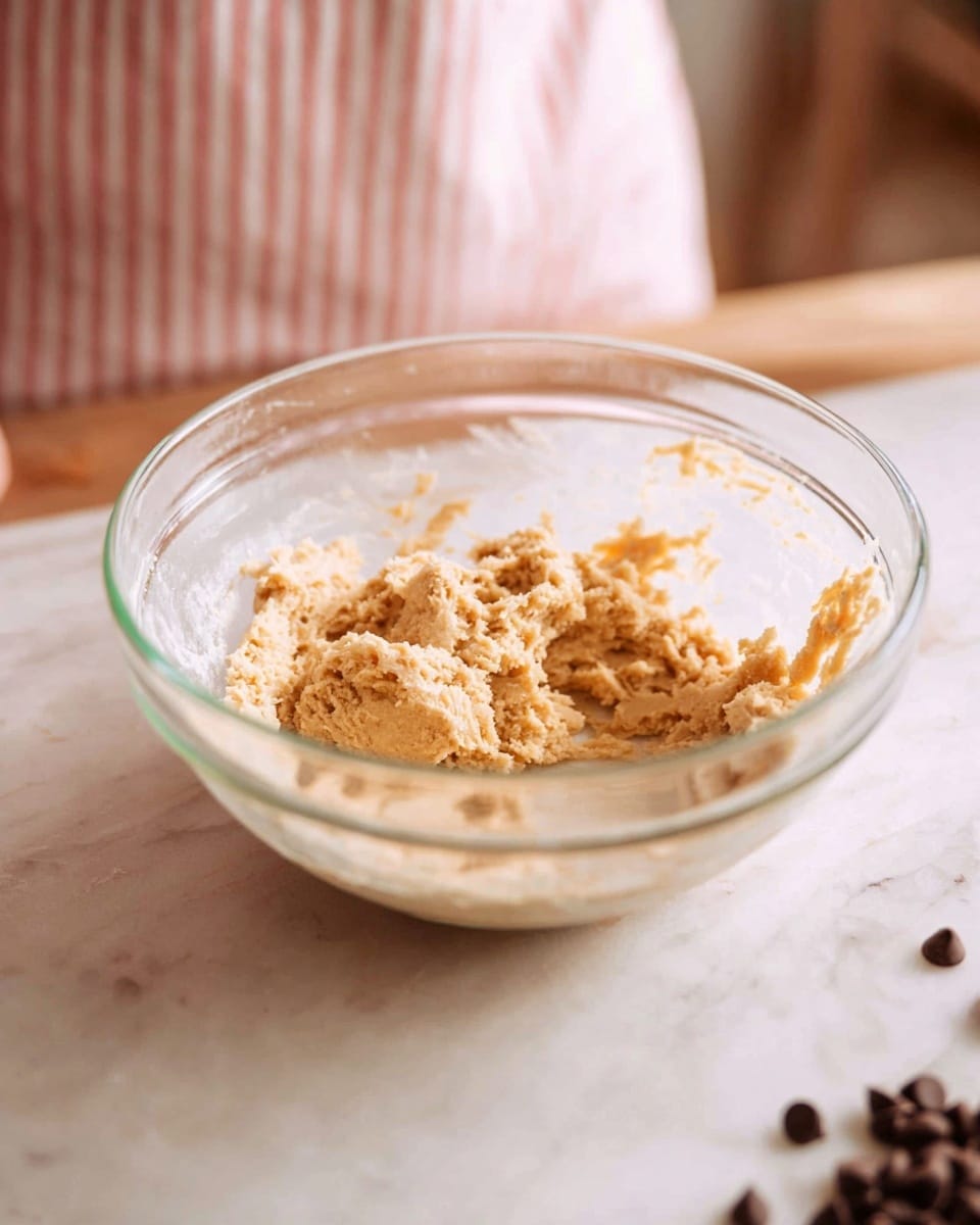 A clear glass bowl holds a light tan dough mixture with a slightly rough and sticky texture, spread unevenly inside the bowl. The bowl is placed on a white marbled surface, and a few chocolate chips are scattered near the bowl on the surface. In the background, part of a person is visible wearing a garment with soft pink and white stripes. The scene is softly lit, showing a cozy kitchen feel. photo taken with an iphone --ar 4:5 --v 7