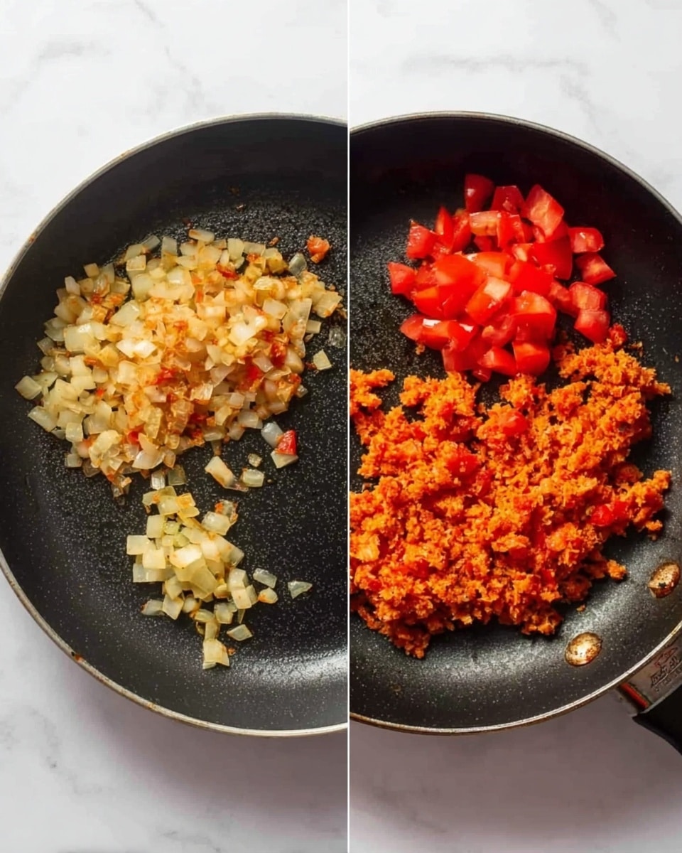 The image shows two black frying pans placed on a white marbled surface. The left pan contains two layers: on the bottom left, a layer of lightly cooked diced onions with a pale golden-brown color and a soft, small chunk texture; on the top right, fresh diced tomatoes with a bright red color and slightly juicy texture. The right pan has a single layer of mixed cooked ingredients that combine the colors and textures from the first pan into a soft, reddish-orange mashed mixture with small bits of tomato and onion visible throughout. Photo taken with an iphone --ar 4:5 --v 7
