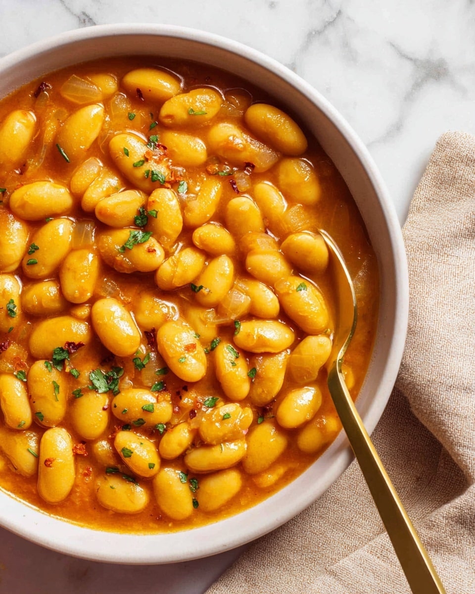 A close-up of a white bowl filled with a thick stew of large yellow beans in a rich, orange-brown sauce, with small bits of green herbs sprinkled on top. The beans are plump and shiny, sitting in a smooth, creamy liquid with visible small pieces of onion or garlic. A golden spoon rests in the bowl on the right side, partially submerged in the stew. The bowl is placed on a white marbled surface next to a beige cloth. Photo taken with an iphone --ar 4:5 --v 7