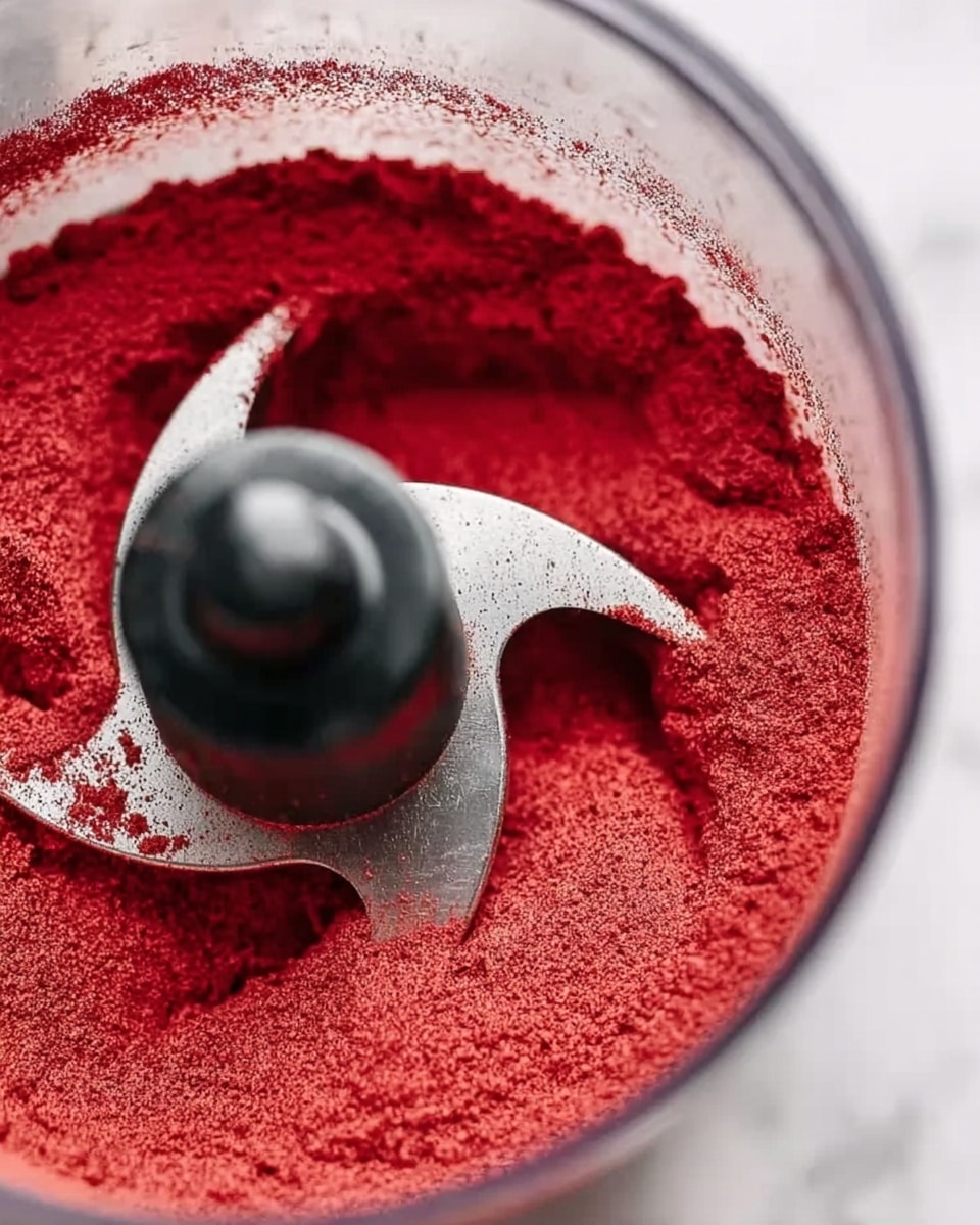 A close-up image of a food processor bowl filled with finely ground, bright red powder. The powder has a smooth, even texture inside the transparent white food processor bowl. The sharp metal blender blade is visible, centered, and slightly blurred in the foreground, resting just above the red powder. The background shows a white marbled surface. photo taken with an iphone --ar 4:5 --v 7