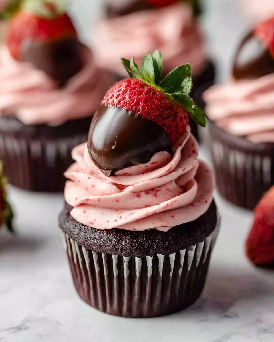 A dark chocolate cupcake sits on a white marbled surface, topped with a swirl of pink strawberry frosting that looks smooth and creamy, with tiny red specks inside it. Resting on the frosting is a bright red strawberry dipped halfway in shiny, dark chocolate, with its green leaves still on. Around the main cupcake, there are similar cupcakes blurred in the background. The photo taken with an iphone --ar 4:5 --v 7