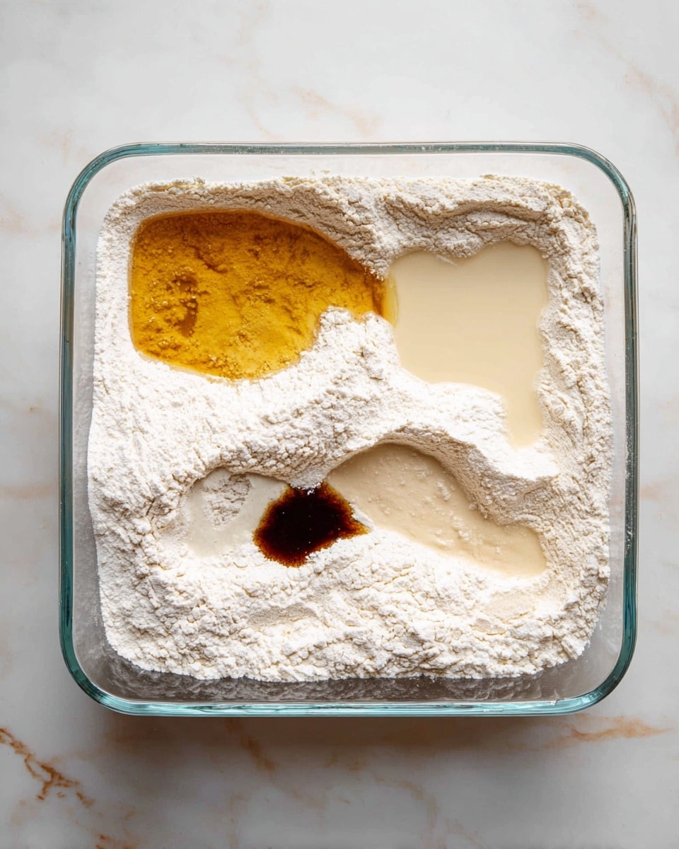 A clear square glass dish holds a layer of white flour spread evenly across the bottom. On top of the flour, there are three separate wells filled with liquids: a large golden-yellow layer on the upper left, a creamy off-white layer on the upper right, and a small dark brown layer on the lower left. The flour is dusty and powdery, with slightly raised edges around each liquid pool. The dish rests on a white marbled surface. photo taken with an iphone --ar 4:5 --v 7