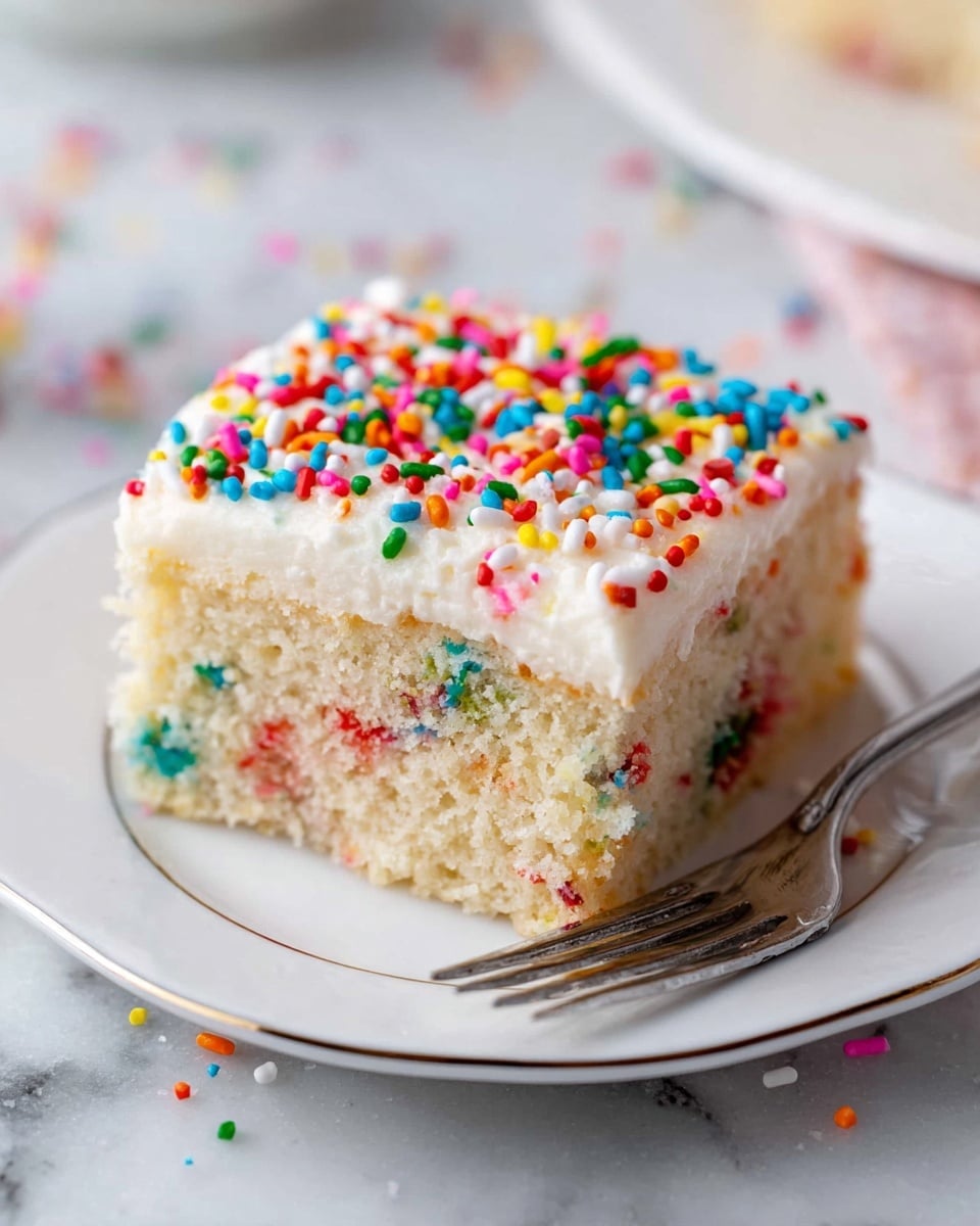 The image shows a square piece of cake on a white plate with a thin silver edge. The cake has two visible layers: the bottom layer is light beige with colorful small sprinkles scattered inside, and the top layer is thick white frosting with many colorful sprinkles on top in red, blue, green, yellow, pink, and orange. The texture of the cake looks soft and fluffy, while the frosting appears smooth and creamy. A silver fork is placed next to the cake on the plate. The whole scene is set on a white marbled surface with some loose sprinkles scattered around. photo taken with an iphone --ar 4:5 --v 7