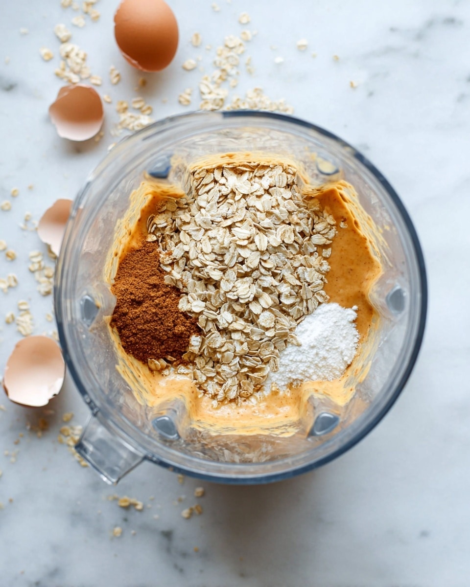 A clear blender container shows layered ingredients inside, placed on a white marbled surface. The bottom layer is a creamy orange mixture that almost fills the blender halfway. On top of this are three more visible layers: a pile of light brown rolled oats covering most of the surface, a small heap of white powder on the right side of the oats, and a smaller mound of dark brown powder next to the white powder on the left side of the oats. Around the blender on the surface are broken light brown eggshells scattered casually. photo taken with an iphone --ar 4:5 --v 7