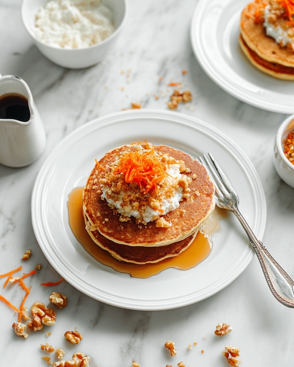 The image shows a white round plate with two golden-brown pancakes stacked on top of each other. On the top pancake, there is a dollop of white cottage cheese mixed with small walnut pieces, lightly sprinkled with orange shredded carrot, and drizzled with amber syrup. Next to the pancakes on the plate lies a silver fork. The plate is placed on a white marbled surface with some scattered walnut pieces and shredded carrot around. A white bowl with cottage cheese and a small white pitcher with syrup are nearby in the background. Photo taken with an iphone --ar 4:5 --v 7
