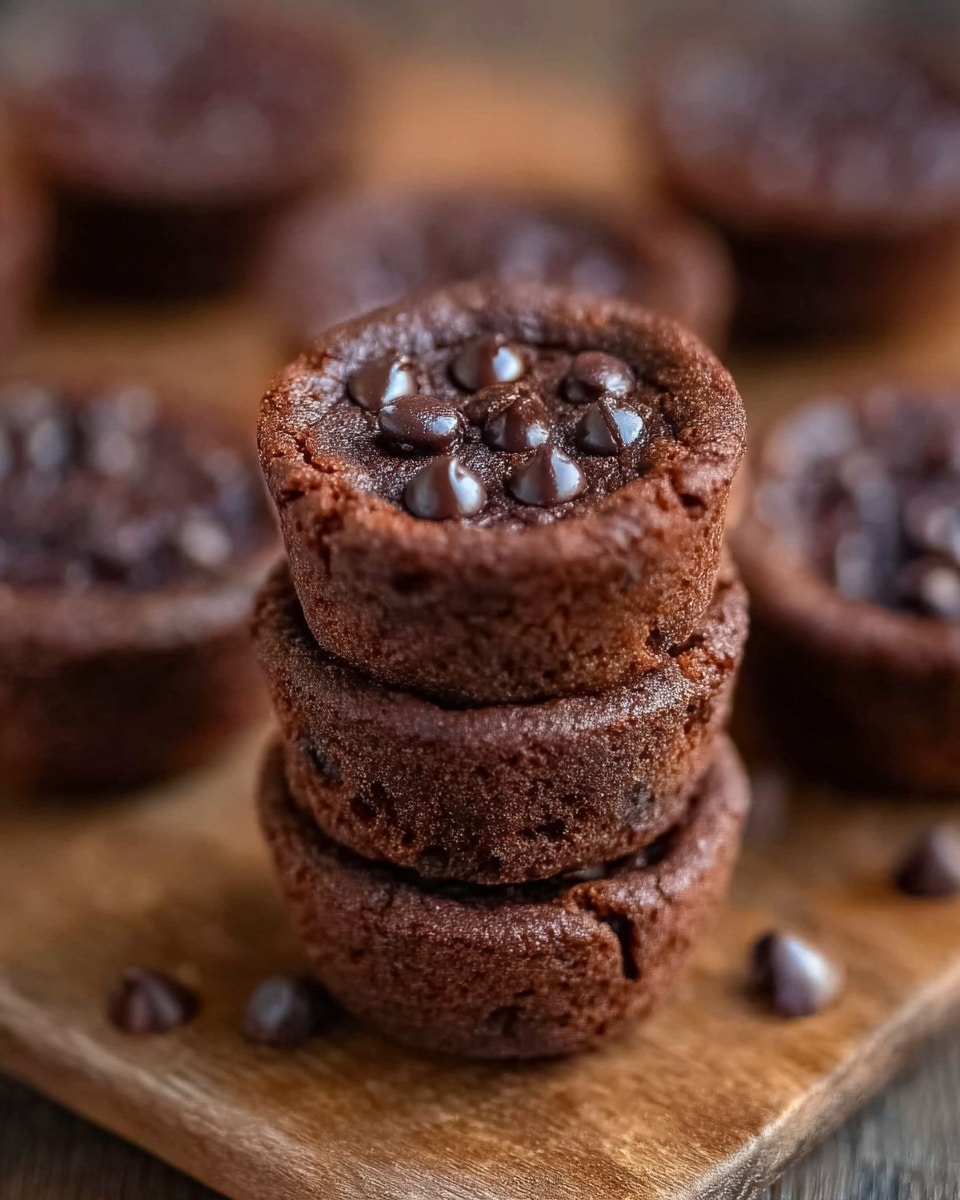 The image shows a stack of three small chocolate cakes arranged in the center on a wooden surface, with one cake on top decorated with several shiny chocolate chips. The cakes have a rich dark brown color and a soft texture, with slight cracks visible on the top layer. In the background, there are more of the same cakes blurred out to create depth. The overall scene is cozy and warm, focused on the main stack in sharp detail. Photo taken with an iphone --ar 4:5 --v 7