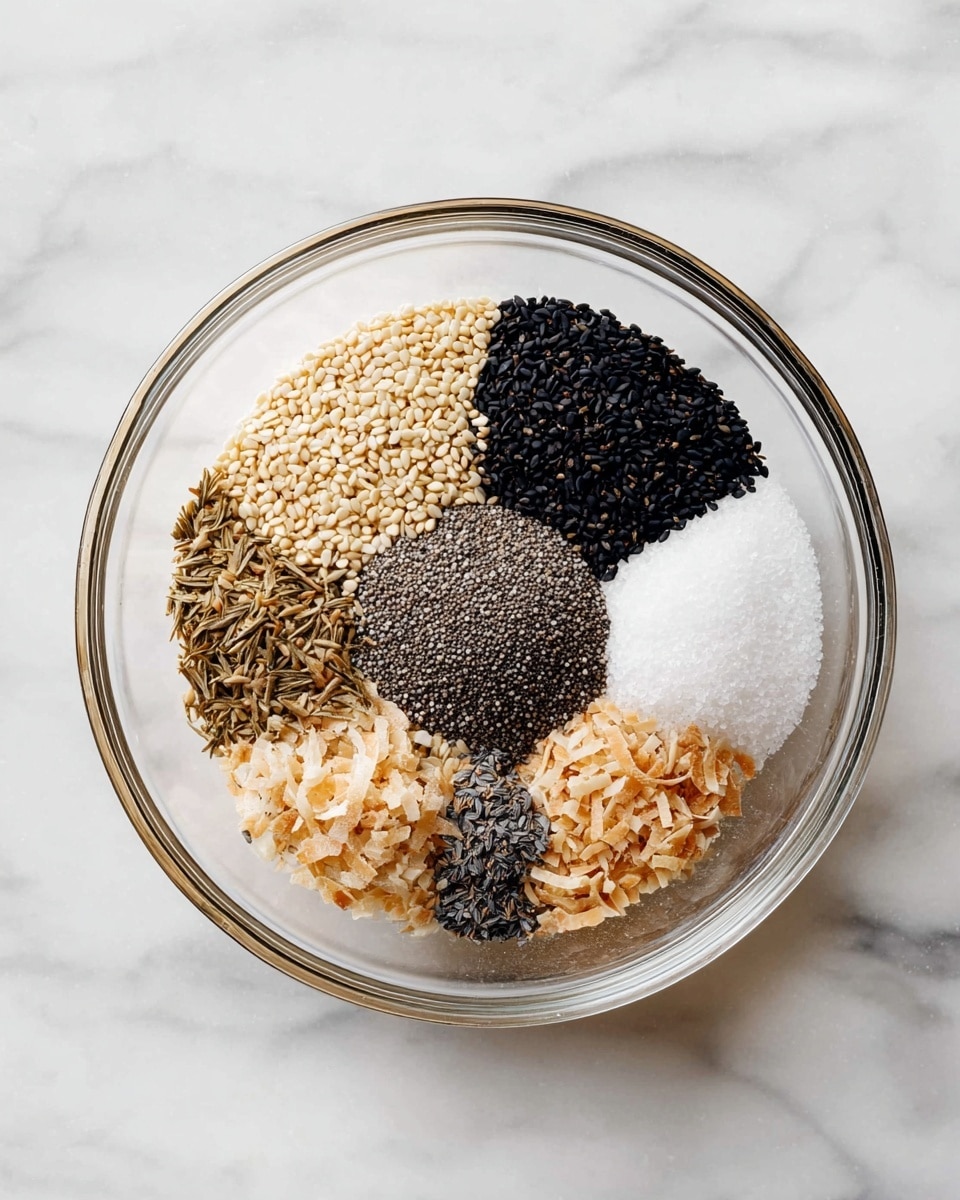 A clear glass bowl is placed on a white marbled surface, filled with seven sections of different seeds and spices arranged in a circular pattern. Starting from the top and moving clockwise, there is a cream-colored pile of large sesame seeds, followed by a black pile of small seeds, then light beige chopped dried pieces, a white coarse salt pile, a pile of beige toasted coconut flakes, a small section of light brown caraway seeds, and a final portion of matte black seeds. In the center of the bowl is a small mound of dark grey poppy seeds, completing the arrangement. photo taken with an iphone --ar 4:5 --v 7