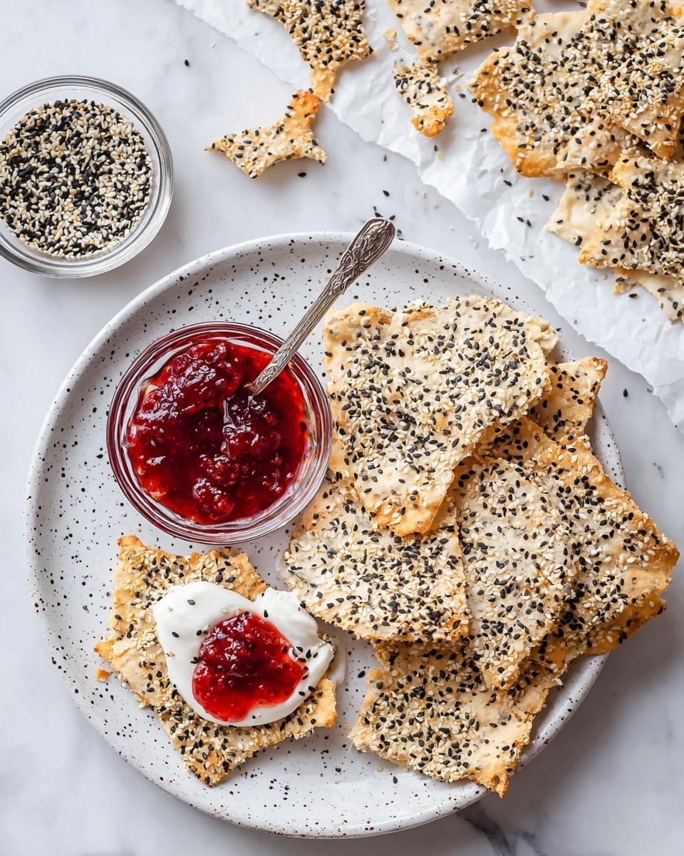 The image shows a white speckled round plate with several pieces of thin, crispy crackers covered in a mix of black and white sesame seeds, dried onion flakes, and coarse salt. On the plate, there is a small glass bowl filled with bright red jam and a silver spoon resting inside it. One cracker piece on the plate has a dollop of white cream topped with a small amount of the red jam. In the background on a white marbled surface, there are more sesame seed crackers breaking into pieces, and a small clear bowl filled with the same seed mixture. The setting is bright and clean. photo taken with an iphone --ar 4:5 --v 7