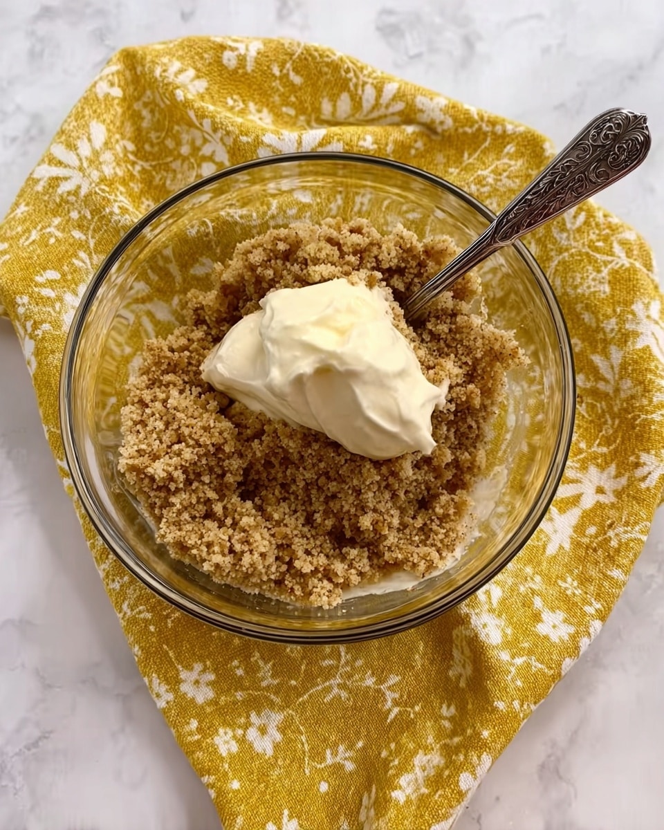 A clear round glass bowl contains a crumbly light brown mixture with a spoonful of smooth white cream placed on top, offset slightly to the right. The bowl is set on a yellow cloth with a floral pattern, all resting on a white marbled surface. photo taken with an iphone --ar 4:5 --v 7