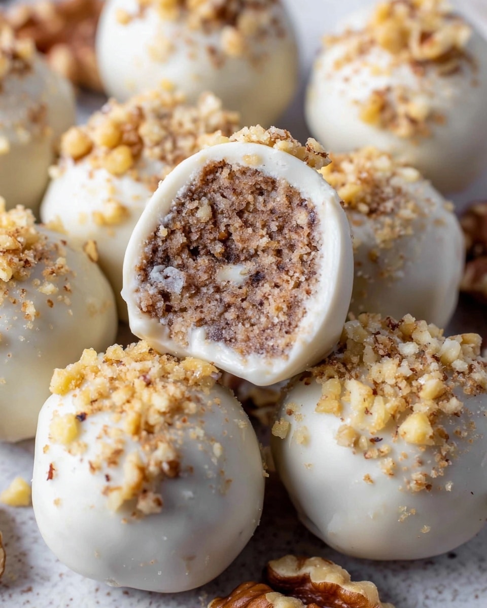 A close-up view showing several round dessert balls with a smooth white coating and chopped nuts sprinkled on top. One dessert ball is broken open in the center, revealing a dense, textured brown inside with small white specks, suggesting a mixture of ingredients. The balls are arranged together on a white marbled surface, with some walnuts scattered nearby. The lighting highlights the glossy finish of the white coating and the rough texture of the nut topping. photo taken with an iphone --ar 4:5 --v 7