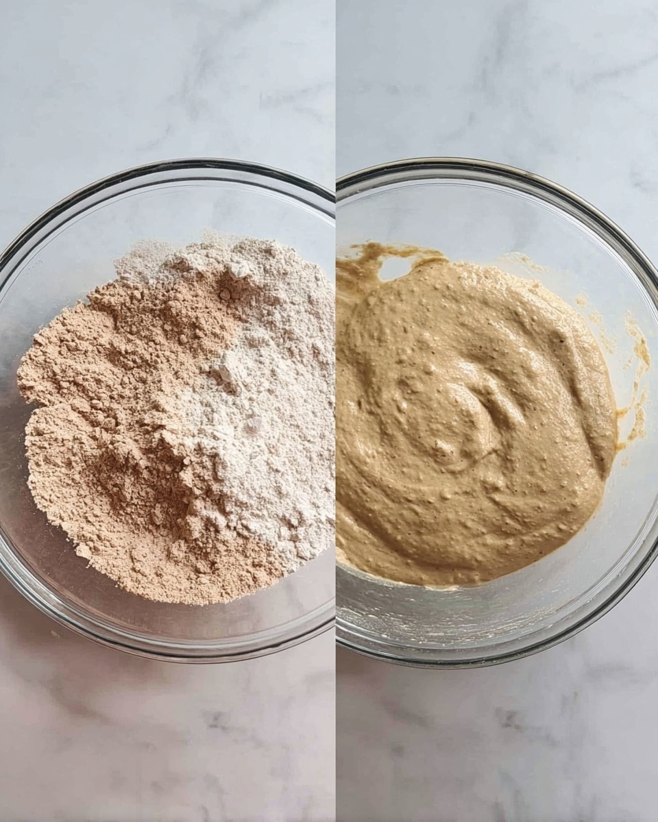 Two images side by side show a clear glass bowl on a white marbled surface. In the left image, the bowl holds two piles of dry powder: one light beige and one light brown, placed next to each other. In the right image, a thick, beige batter is poured over the two dry piles in the bowl, partially covering them. Photo taken with an iphone --ar 4:5 --v 7