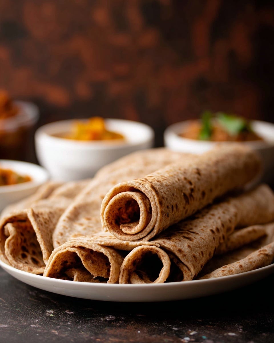 The image shows several rolled brown flatbreads stacked on top of each other on a white plate, set on a white marbled surface. The flatbreads have a soft, slightly porous texture with small holes scattered across them. Behind the flatbreads are three white bowls with different types of side dishes or sauces in warm colors, slightly out of focus. The background is dark brown with a textured pattern, creating contrast with the flatbreads and bowls in the foreground. photo taken with an iphone --ar 4:5 --v 7