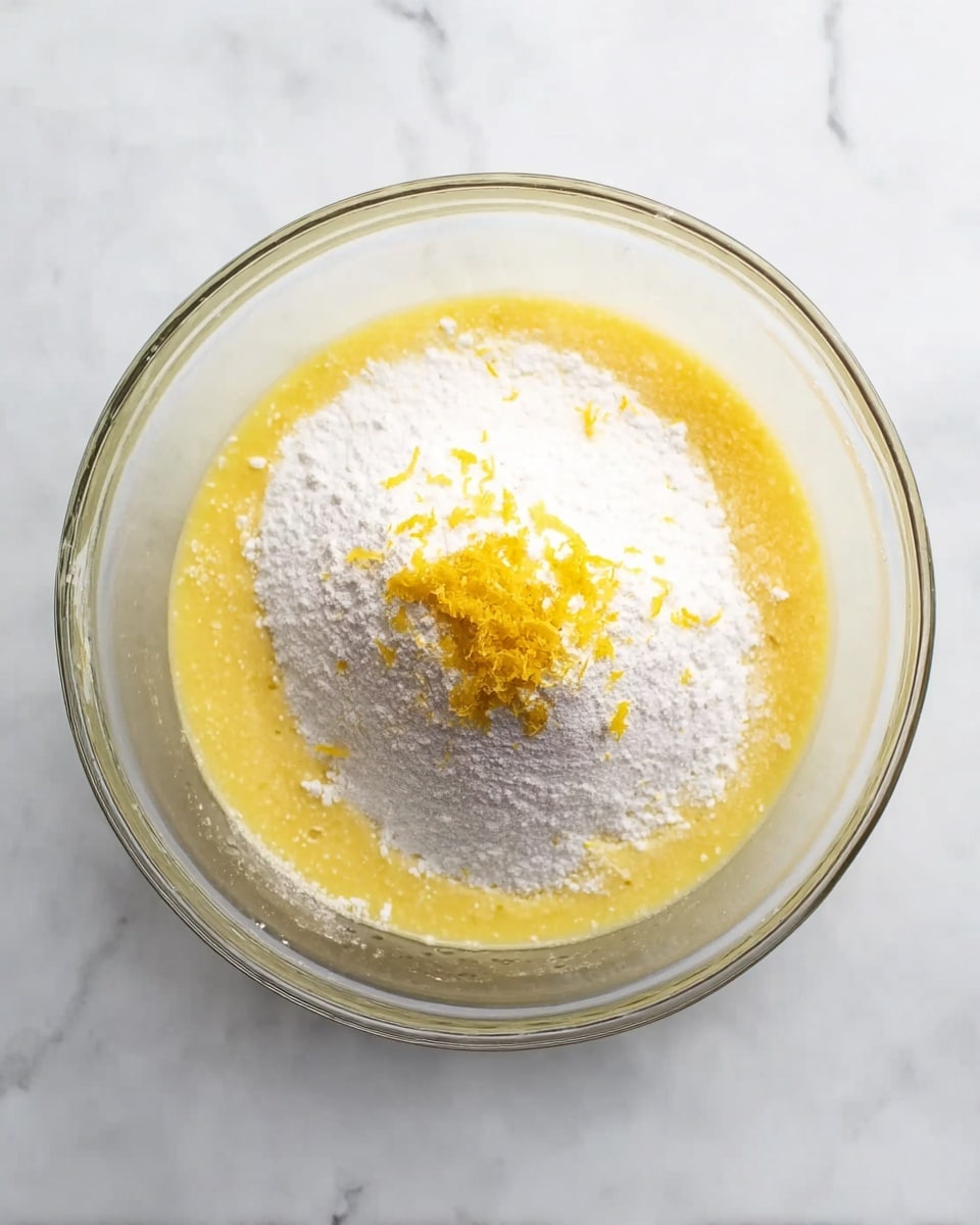 A clear glass bowl sits on a white marbled surface, filled with a mix of ingredients layered from bottom to top. The bottom layer is a smooth, bright yellow liquid, likely melted butter or similar. On top of that is a thick layer of fine white powder, probably powdered sugar, with some still more piled in the center, topped with a small pile of yellow zest that adds a rough texture and bright color contrast. The scene is simple and focused on the bowl, showing the fresh ingredients ready to be mixed. Photo taken with an iphone --ar 4:5 --v 7