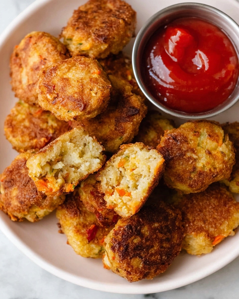 A white plate filled with several golden brown round bites that have a crispy texture on the outside. Two of the bites are broken in half and placed on top, showing a soft, crumbly inside with bits of orange, indicating added vegetables. In the top right corner of the plate, there is a small metal cup filled with smooth, bright red ketchup. The plate sits on a white marbled surface. photo taken with an iphone --ar 4:5 --v 7