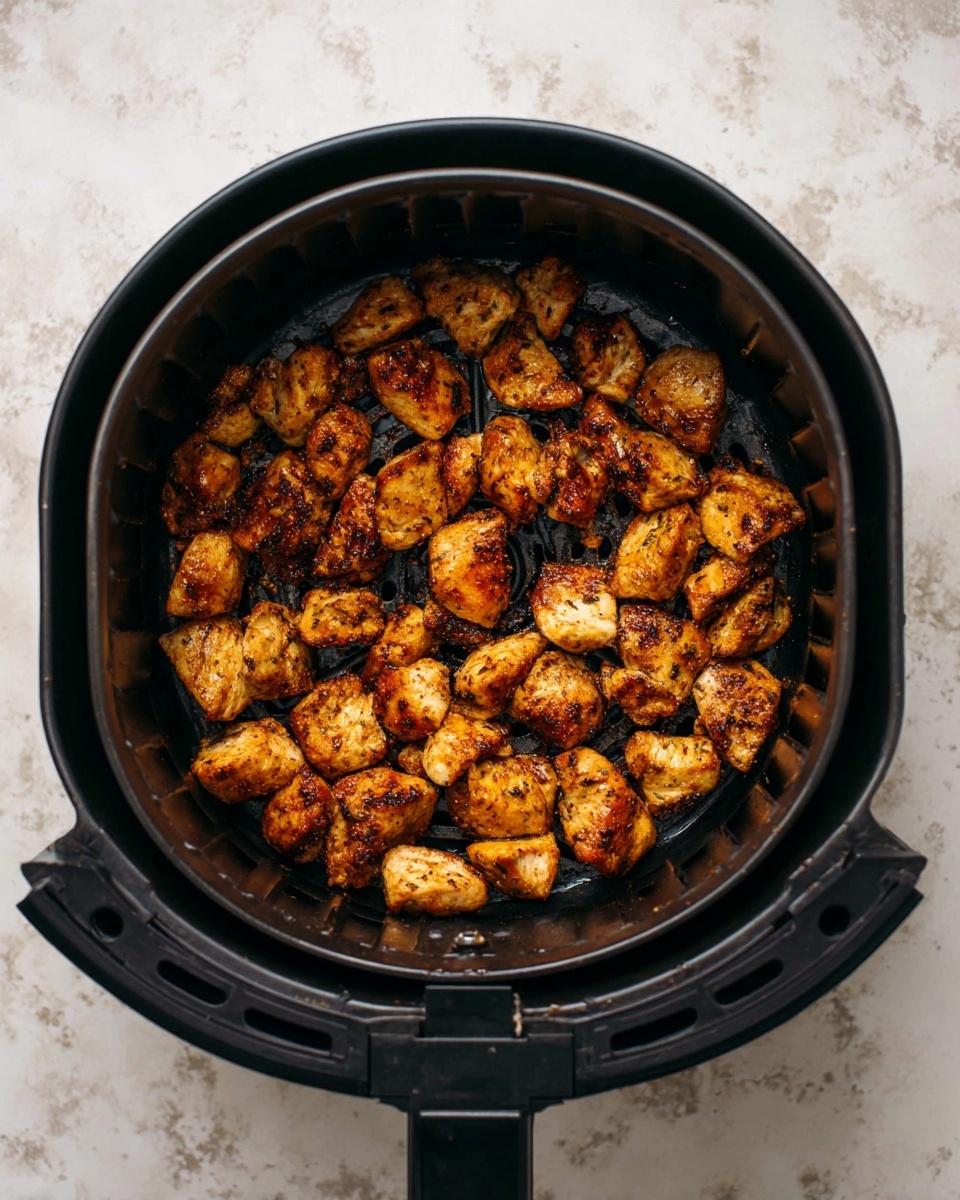 Inside a black air fryer basket, there are many small pieces of cooked chicken. The chicken pieces are golden brown with darker charred spots, showing a crispy texture. They are spread evenly in a single layer, filling the round basket without overlapping. The basket has a dark surface with small holes, and the image is taken from above on a white marbled textured surface. photo taken with an iphone --ar 4:5 --v 7