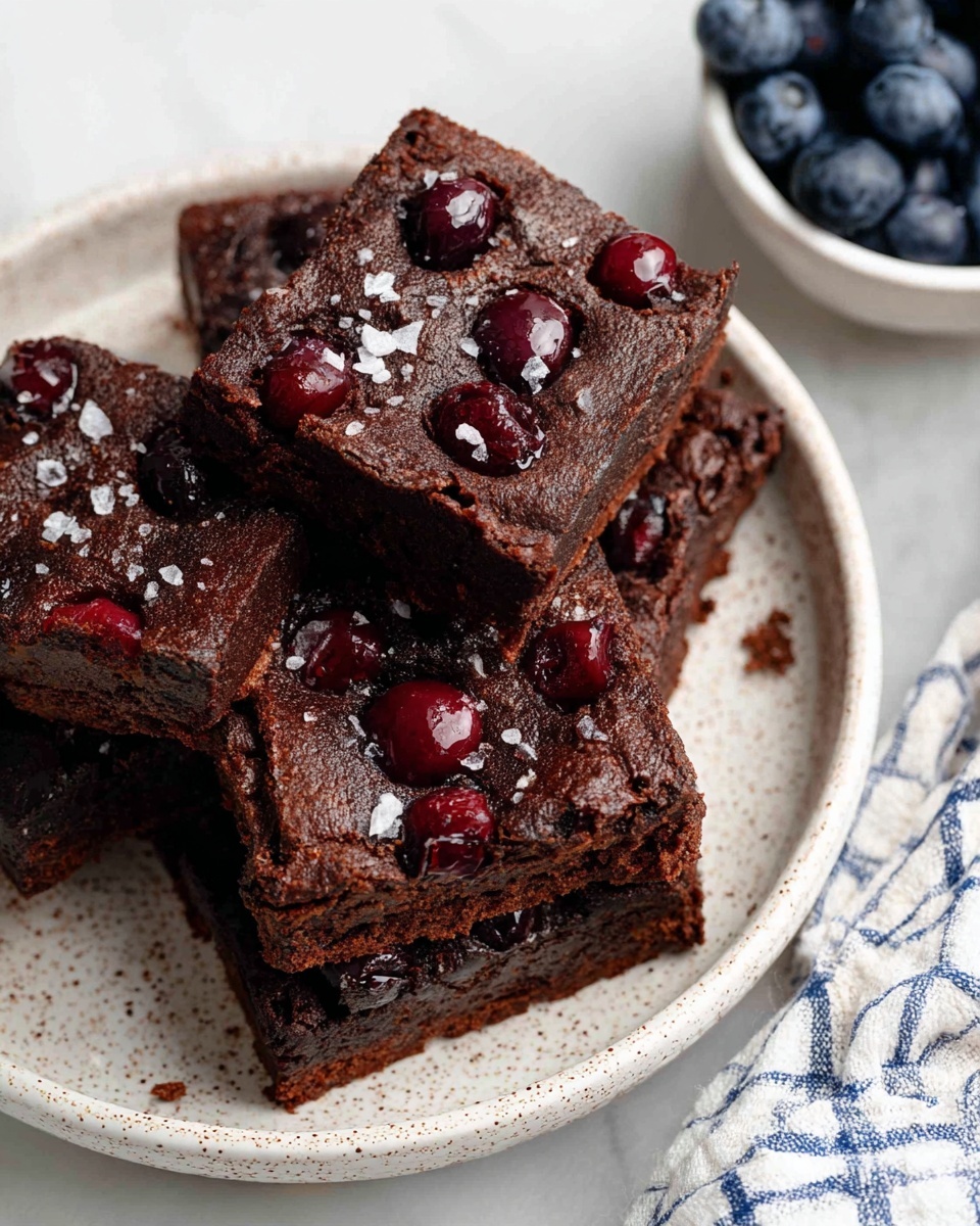 A stack of five dark brown brownies with a rough texture sits on a white speckled plate, each square topped with glossy, deep red cherries embedded in the surface. Some shiny flakes, likely salt, are sprinkled lightly over the brownies, adding a bit of contrast to the dark chocolate color. The plate rests on a white marbled surface next to a small container of fresh blueberries in the top right corner and a white cloth with blue grid lines underneath. The brownies look moist and dense, with visible pieces of chocolate or nuts inside. photo taken with an iphone --ar 4:5 --v 7