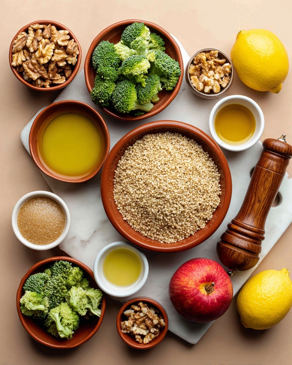 A top view of various ingredients arranged on a white marbled surface, featuring a large terracotta bowl in the center filled with cooked beige quinoa grains, surrounded by smaller terracotta bowls containing green broccoli florets and chopped walnuts. Two small white bowls hold golden yellow olive oil and honey. A white bowl with grainy mustard and a white bowl with a light brown dressing are placed near a whole yellow lemon and a bright red apple. A wooden pepper grinder lays diagonally on the right side. photo taken with an iphone --ar 4:5 --v 7