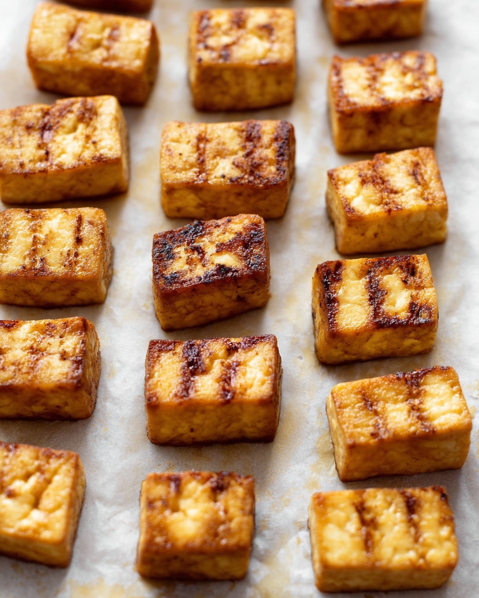 The image shows three straight rows of small, golden-brown tofu cubes resting on white parchment paper over a white marbled surface. The tofu pieces are evenly spaced and have a slightly crispy texture with grill marks on top. The cubes appear firm with a shiny surface from light oil, giving the tofu a warm, appetizing look. The overall color palette is light beige to golden brown, highlighting the cooked tofu's firm but tender texture photo taken with an iphone --ar 4:5 --v 7