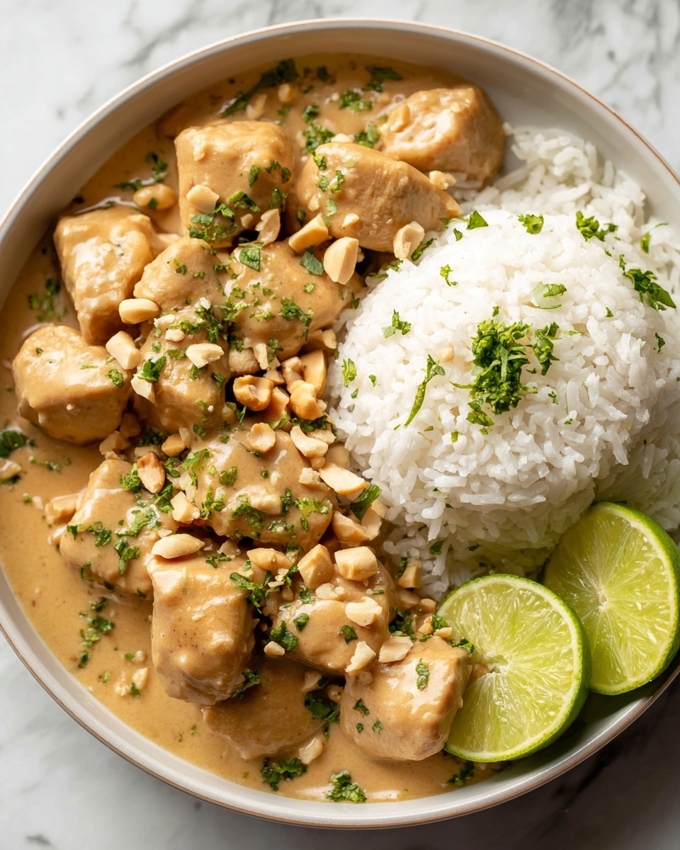 A white bowl holds two main parts: on one side, there are several chunky light brown pieces covered in a creamy sauce with a smooth texture, sprinkled with small green herb pieces and a few whole peanuts. On the other side, there is a mound of white fluffy rice, with some green herb bits and peanuts scattered on top. Near the rice, two bright lime wedges sit at the edge of the bowl. The background shows a white marbled surface. photo taken with an iphone --ar 4:5 --v 7