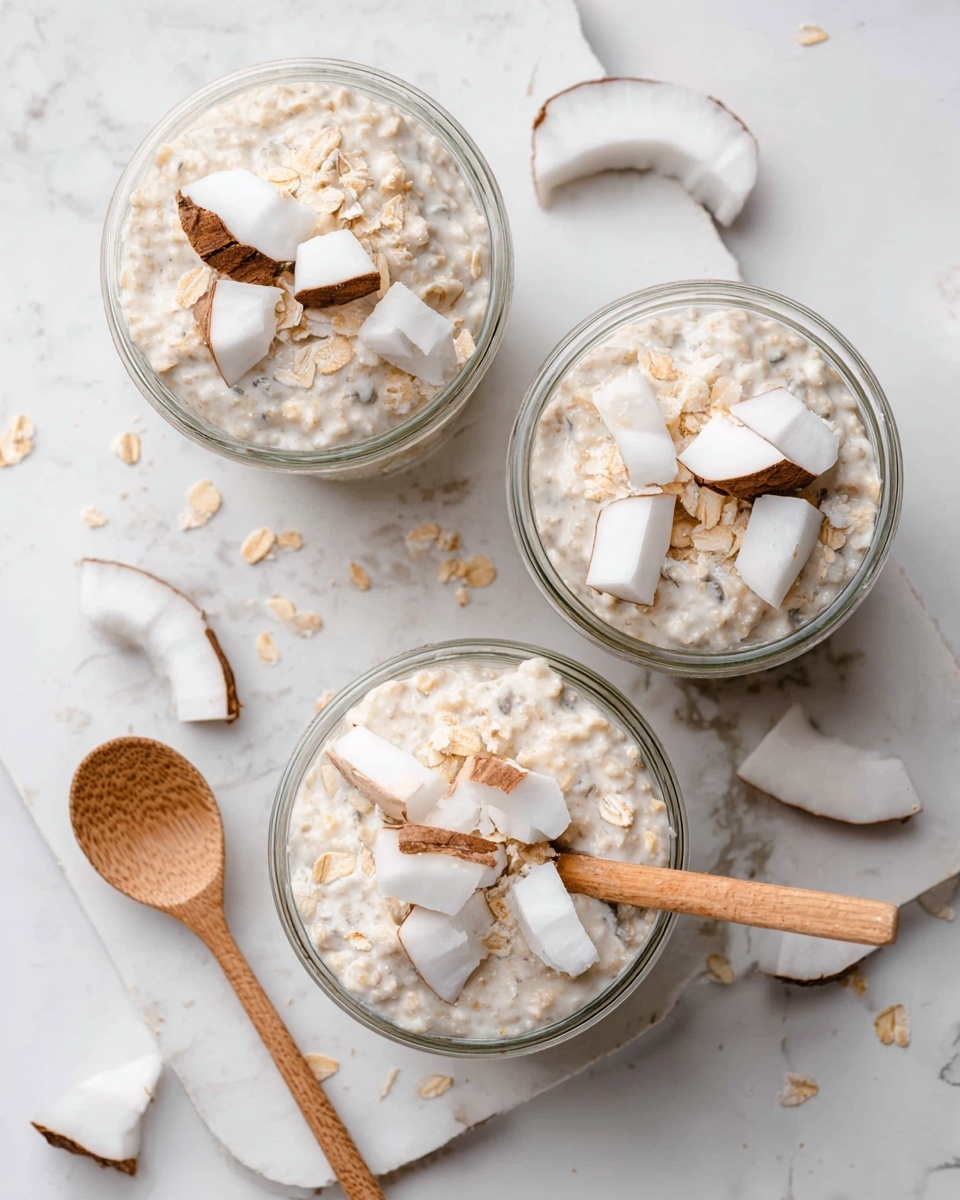 The image shows three clear glass bowls filled with a thick, creamy oatmeal that has visible oats mixed throughout. Each bowl is topped with chunks of fresh coconut that show white flesh and brown outer skin. Two of the bowls have small wooden spoons placed inside, one on the left and one at the bottom right. The bowls sit on a white marbled surface with some coconut pieces and halves scattered around. The scene is bright and clean, with the texture of the oatmeal looking soft and slightly lumpy, and the coconut chunks adding a fresh and natural feel. Photo taken with an iphone --ar 4:5 --v 7