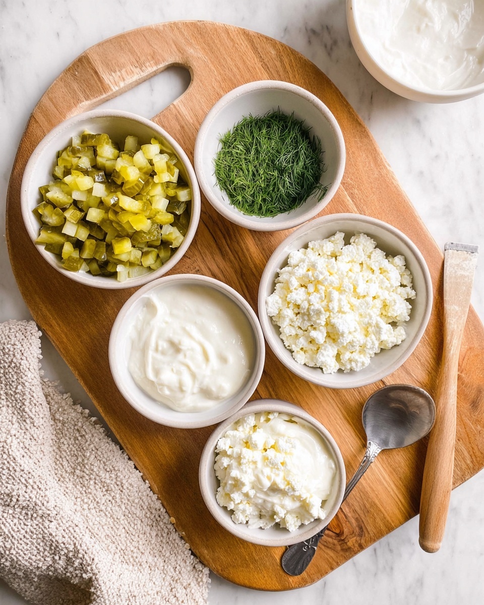 The image shows a wooden cutting board placed on a white marbled surface, holding five white bowls arranged in a loose circle. One bowl contains small diced pickles with green and yellow tones, another bowl is filled with fresh finely chopped dill, and a third bowl holds a creamy white soft cheese. There is also a bowl with coarse white cottage cheese curds, and one more bowl with a smooth white creamy substance, likely sour cream. On the cutting board lies a metal spoon with a wooden handle, placed diagonally. A beige textured cloth is nearby on the white marbled surface, and an empty white bowl is visible in the background. photo taken with an iphone --ar 4:5 --v 7