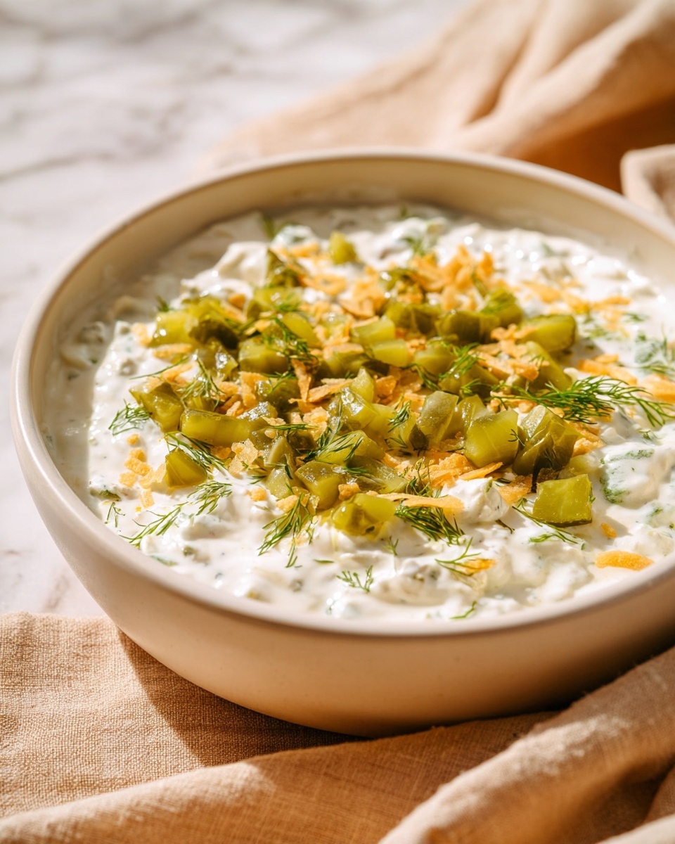 A shallow white bowl holds a creamy white dip mixed with finely chopped green herbs. On top, there are small green chunks of pickles scattered mainly in the center, surrounded by thin, golden brown crunchy pieces evenly spread. The bowl sits on a white marbled surface with a soft beige fabric partially visible in the foreground. The lighting is warm, highlighting the creamy texture and fresh colors of the dish photo taken with an iphone --ar 4:5 --v 7