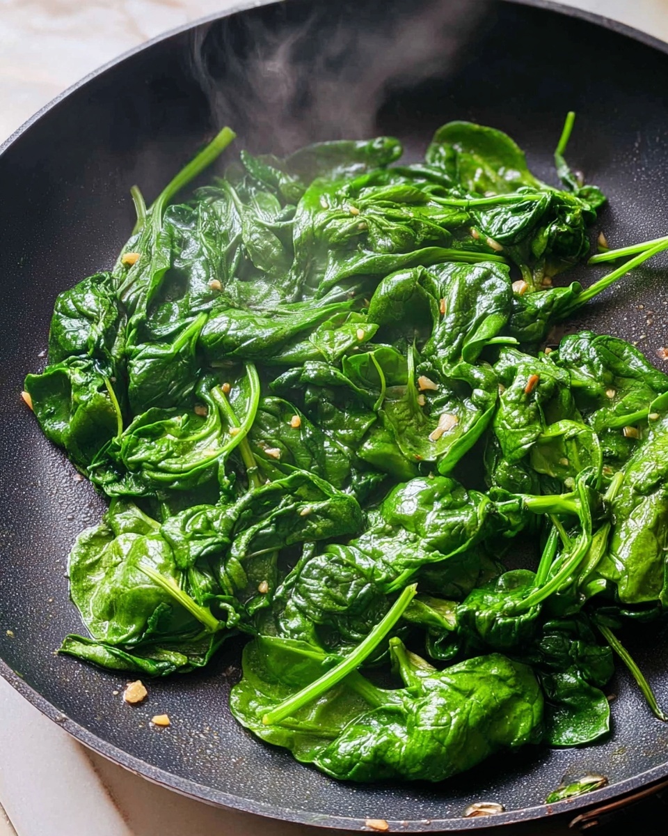 A black pan filled with cooked spinach leaves that are vibrant dark green and slightly shiny from being sautéed, with visible small bits of garlic or seasoning scattered among the leaves. The spinach looks wilted but still fresh, spread evenly across the pan's bottom with some stems visible. Steam rises gently from the pan, giving a warm and fresh-cooked feeling. The surface underneath the pan is a white marbled texture. photo taken with an iphone --ar 4:5 --v 7