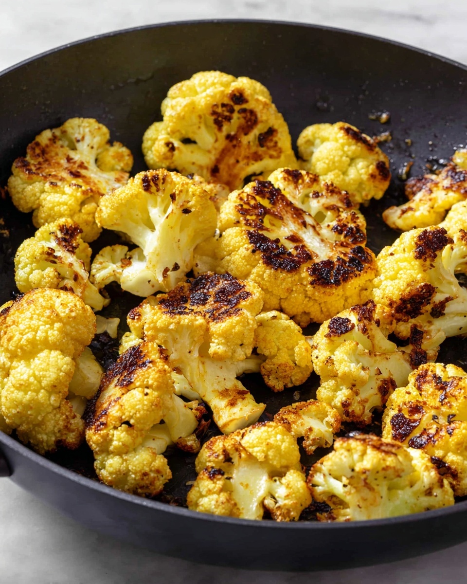 A black pan filled with browned, cooked cauliflower pieces. Each piece is yellow with charred dark brown spots, showing a rough and cooked texture. The cauliflower is spread unevenly in the pan with some pieces standing up to reveal their white inner stems and bumpy outer florets. The pan sits on a white marbled surface with no other items around. photo taken with an iphone --ar 4:5 --v 7