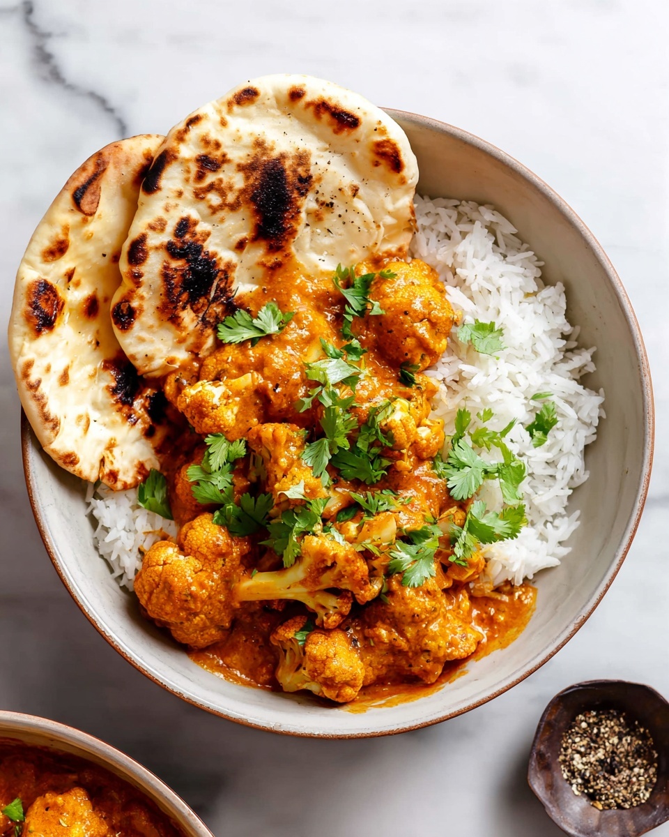 A white bowl filled with three main layers: the bottom layer is white cooked rice, the middle layer is orange thick curry sauce with cauliflower pieces coated in it, and the top layer is green fresh cilantro leaves scattered over the curry. On one side of the bowl, two pieces of toasted flatbread with brown charred spots rest leaning on the rice and curry. The bowl is placed on a white marbled surface, and there is a small dish of black pepper nearby. photo taken with an iphone --ar 4:5 --v 7