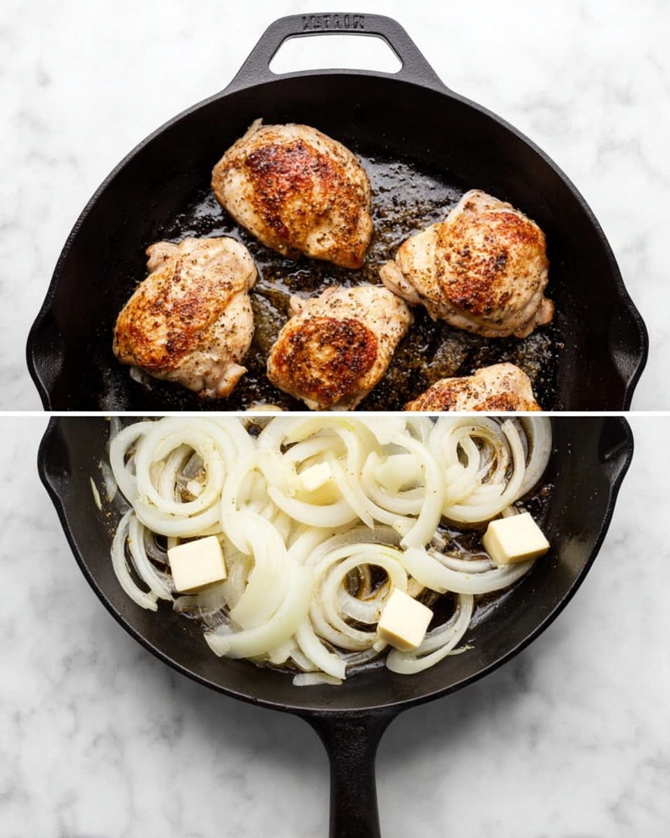 A black cast iron pan on a white marbled surface showing four pieces of chicken cooking, each piece browned on top with a slightly crispy texture, arranged with two above and two below; next to it, the same pan contains sliced white onions and two small cubes of butter melting together, the onions layered unevenly with some pieces curled and others lying flat, all on the same white marbled surface photo taken with an iphone --ar 4:5 --v 7