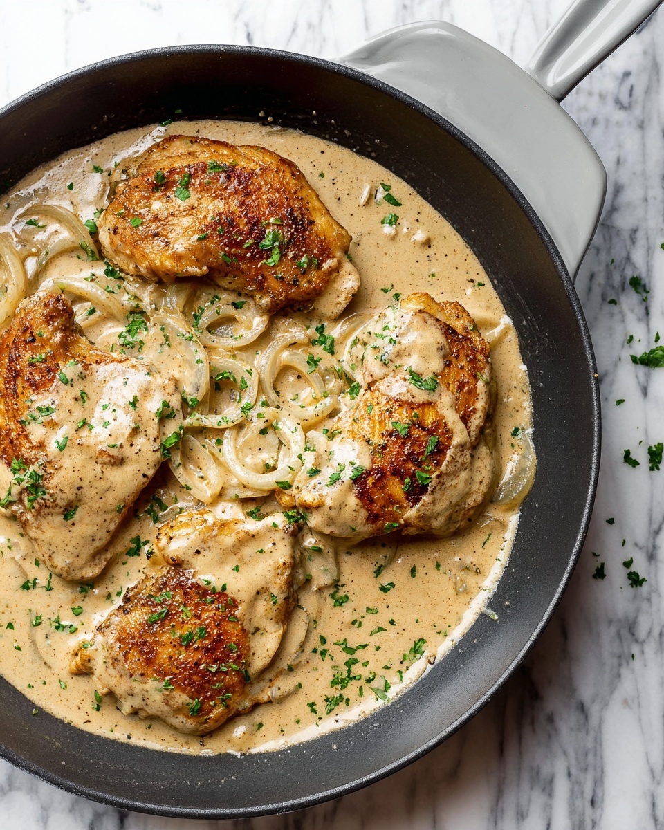 Four large golden-brown cooked chicken pieces lie in a shallow black pan with a thick creamy light beige sauce covering them partially. The sauce has visible slices of soft cooked onions and is sprinkled with small green herb bits, likely parsley. The pan handle is light gray and the pan sits on a white marbled surface with some scattered green herbs. The texture of the sauce looks smooth with some pepper specks on top photo taken with an iphone --ar 4:5 --v 7