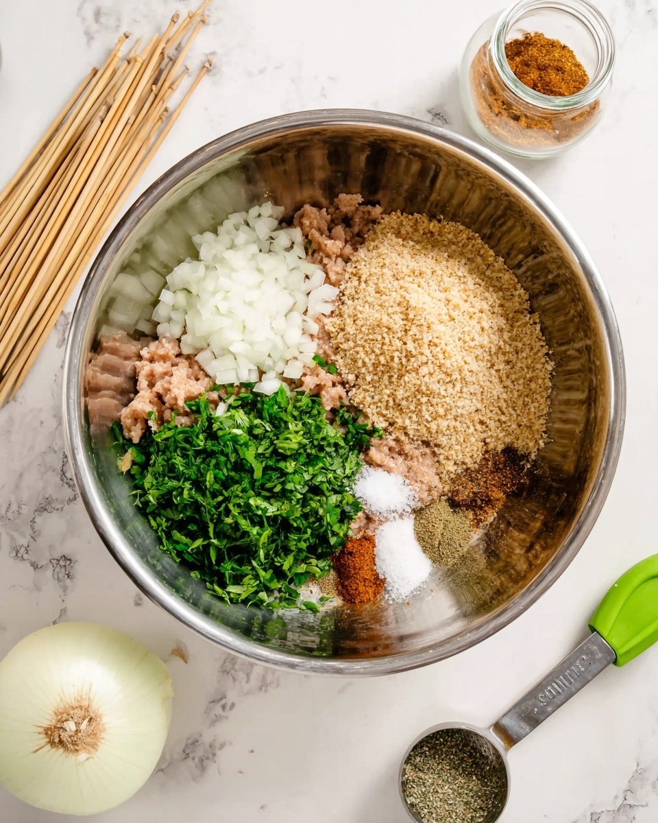 A shiny metal bowl sits on a white marbled surface filled with five separate parts of food ingredients ready to mix. At the top right inside the bowl, there is a heap of light brown breadcrumbs. To the left of the breadcrumbs is a pile of finely chopped white onions. Below the onions is a bunch of bright green chopped herbs. At the bottom right, there are brown spices and some white granules, likely salt, all sitting on top of a light pinkish ground meat base. To the left of the bowl, there are several long wooden skewers, and to the right, there is a small glass jar filled with more brown spices, a metal measuring spoon with a green handle, and half of a white onion. The photo taken with an iphone --ar 4:5 --v 7