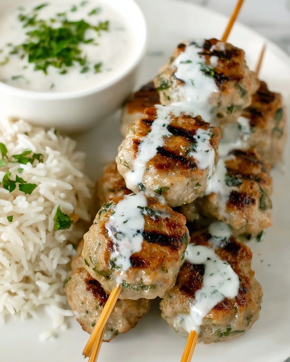 The dish shows five grilled skewers stacked on each other, of small oval-shaped patties that are light brown with green herb bits mixed in, topped with white creamy sauce drizzled unevenly over them. Behind the skewers, there is a portion of cooked white rice with scattered green herb pieces. On the top left corner, there is a bowl filled with the same white creamy sauce, garnished with finely chopped green herbs. All of this is served on a white plate with a white marbled texture background. Photo taken with an iphone --ar 4:5 --v 7