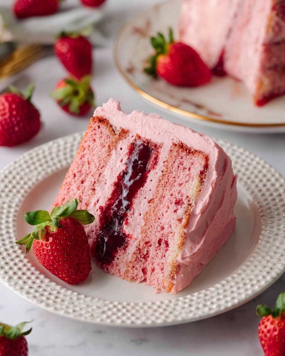 A slice of pink cake with two soft, fluffy layers separated by a thick, glossy red jam filling in the middle, all covered with a smooth, creamy pink frosting on the sides and top. Fresh halved strawberries with green leaves are placed behind the cake slice on the white textured plate with a dotted rim. The background is a white marbled surface with whole and halved strawberries placed around. Another similar cake slice is visible in the back on a white plate with gold edges. Photo taken with an iphone --ar 4:5 --v 7