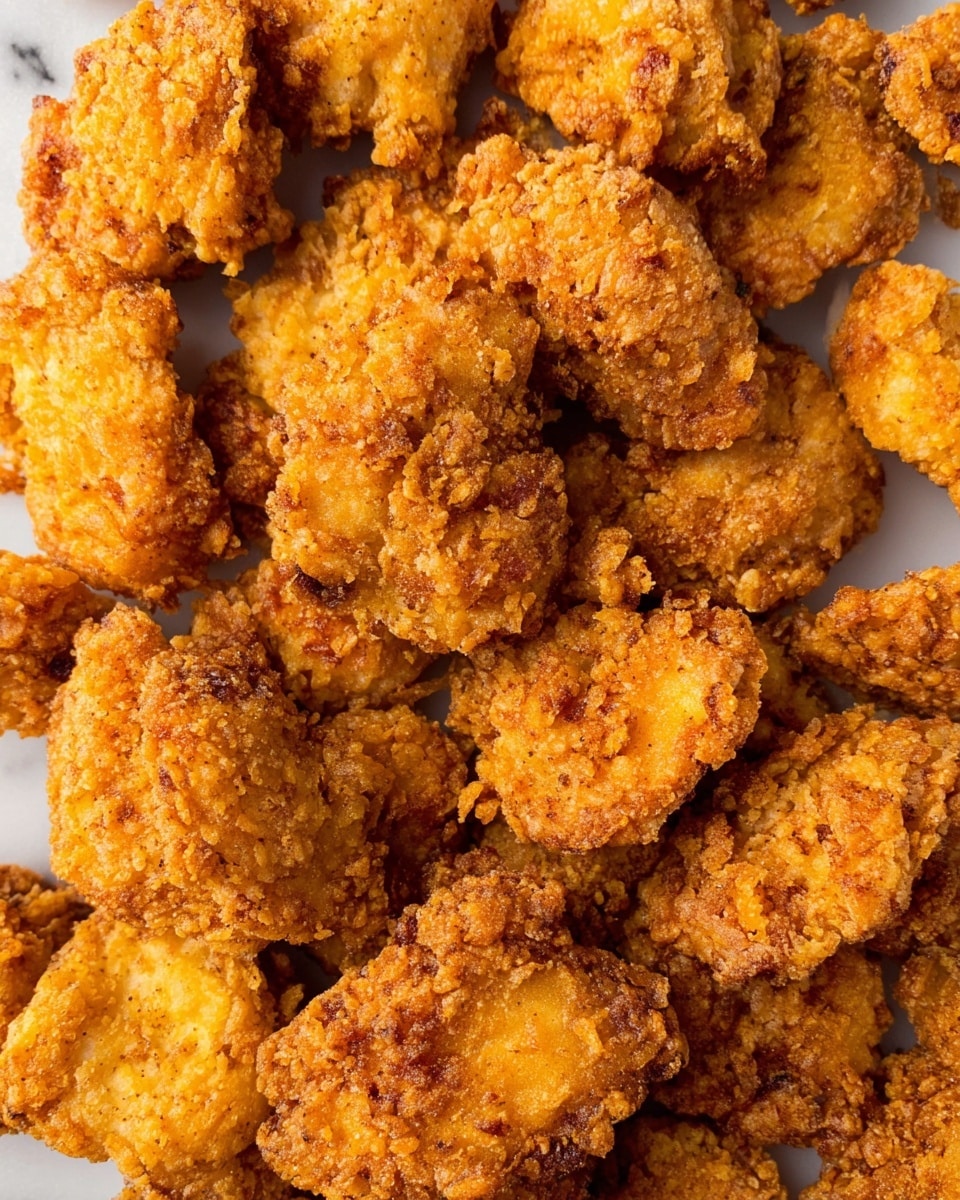 This image shows many pieces of golden-brown fried food with a rough, crunchy texture covering each piece. The fried items are closely packed together, showing irregular shapes and sizes with a crispy coating that is uneven and bumpy. The colors range from light golden to darker brown shades, highlighting the crispiness of the outer layer. The background is a white marbled surface, and no plate or bowl is visible. photo taken with an iphone --ar 4:5 --v 7
