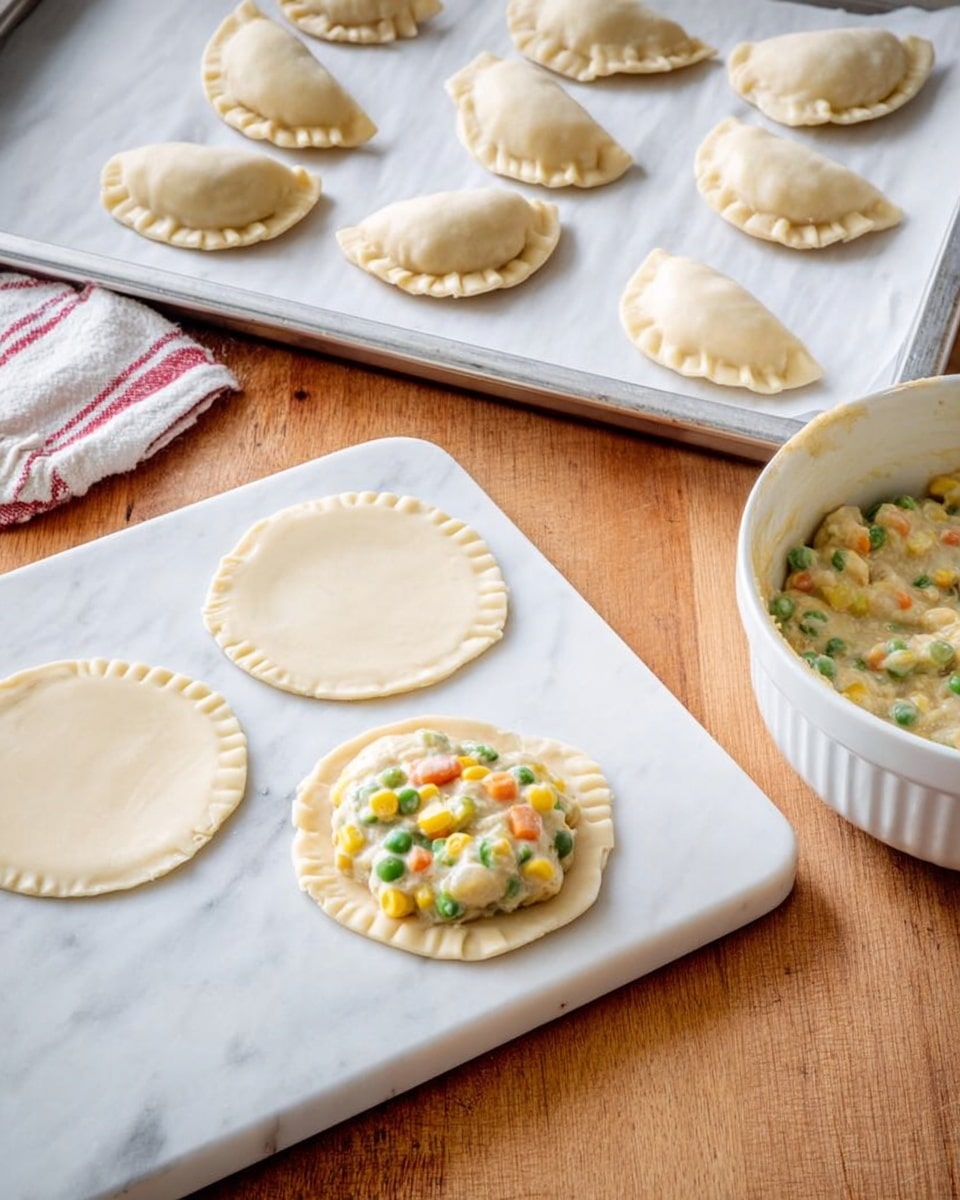 The image shows a white marbled board with two round dough circles, one empty and one topped with a creamy mixture that includes visible bits of peas, corn, and small orange pieces, likely carrots, placed near the center. To the right, there is a glimpse of a white bowl containing more of the same creamy vegetable filling. Behind the board is a metal baking tray lined with parchment paper holding seven uncooked dumplings; some are folded in half with pinched edges, while others are fully round with crimped edges. A striped white and red kitchen towel lies beside the bowl. The whole setup sits on a wooden table. Photo taken with an iphone --ar 4:5 --v 7