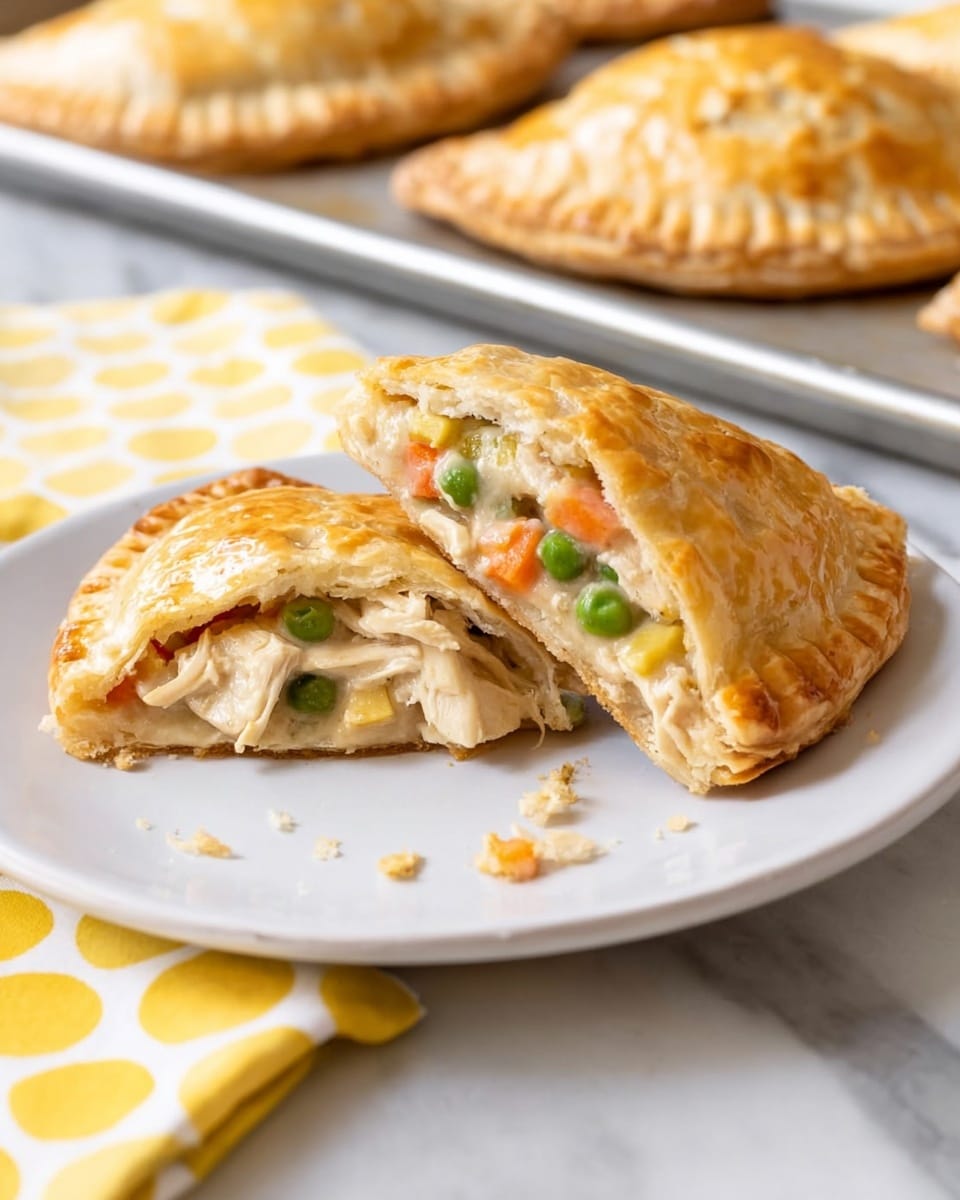Two golden brown pastry pockets are sliced in half and placed on a white plate, showing a filling made of white chicken pieces, bright green peas, light orange carrot bits, and a creamy light beige sauce. The pastry crust looks flaky and slightly crisp with crimped edges, and some small crumbs are scattered around them on the plate. In the background, more whole pastries rest on a metal baking tray. The setting is on a white marbled surface with a yellow and white polka dot cloth nearby. Photo taken with an iphone --ar 4:5 --v 7