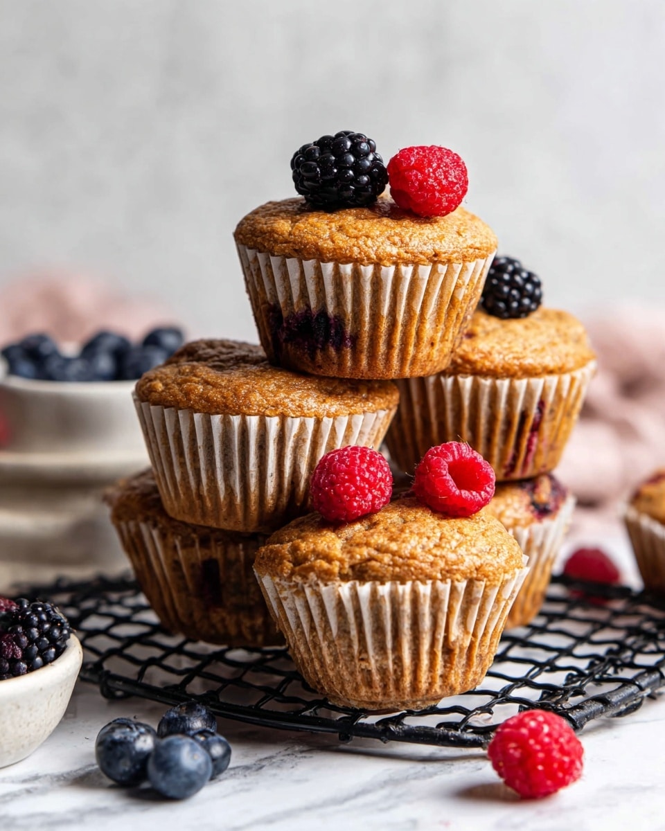 A close-up view of five golden-brown muffins stacked on a black wire cooling rack, each muffin topped with a single berry three with dark purple blackberries and two with red raspberries. The muffins are inside white paper liners that show slight creases and folds. Scattered around the rack are fresh blueberries, raspberries, and blackberries, some resting in a small white dish at the side. The scene is set on a white marbled surface with soft natural light, highlighting the muffins’ slightly rough texture and the juicy details of the berries. Photo taken with an iphone --ar 4:5 --v 7