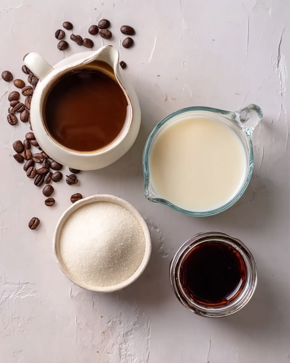 This image shows four small containers arranged on a white marbled surface. On the top left, a small white ceramic jug holds dark brown coffee liquid with a smooth surface, surrounded by scattered coffee beans. To its right, a clear glass measuring cup contains creamy white milk with a soft, smooth texture. Below the jug, a round white bowl filled with fine white sugar sits clearly visible. Next to the bowl of sugar, a small glass jar with a sealed lid holds a dark brown syrup with a shiny, thick texture. Photo taken with an iphone --ar 4:5 --v 7