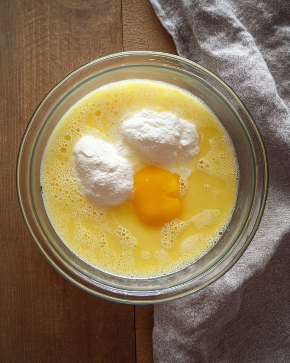 A clear glass bowl contains three layers of ingredients: the bottom layer is melted yellow butter with small bubbles on the surface, the middle layer is a raw egg yolk with a bright orange-yellow color, and the top layer has two dollops of white, thick batter positioned opposite each other on the yellow melted butter. The bowl sits on a wooden surface next to a soft grey cloth. Photo taken with an iphone --ar 4:5 --v 7