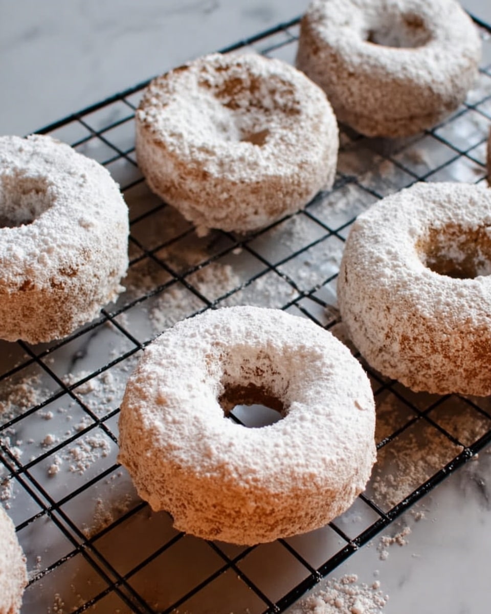 The image shows several round donuts covered in white powdered sugar placed on a black cooling rack. The donuts have a light brown color under the sugar and a soft, slightly rough texture. Powdered sugar is scattered on the white marbled surface below the rack. The donuts have a visible hole in the middle and some irregular shapes from baking. Photo taken with an iphone --ar 4:5 --v 7