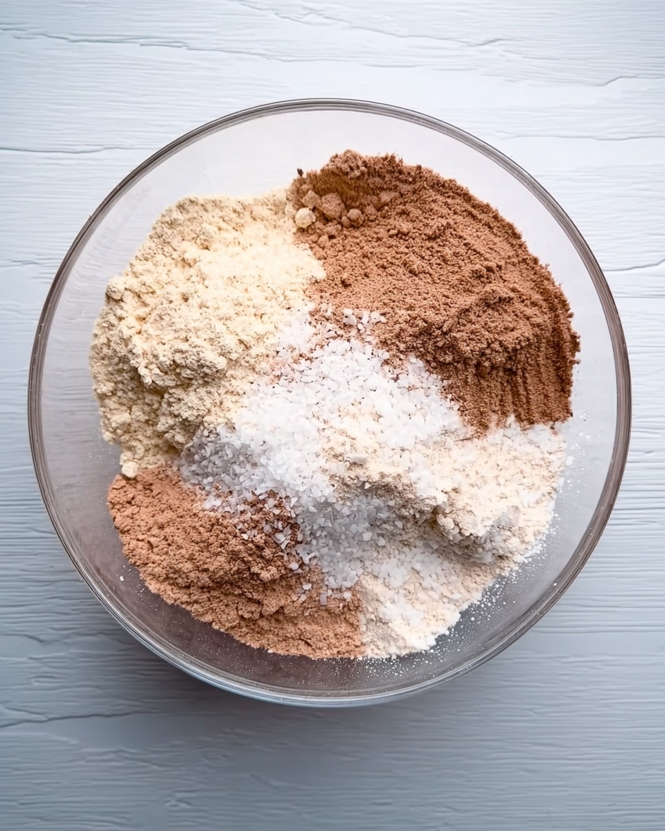 A clear glass bowl on a white marbled surface holds four separate dry ingredients arranged in sections without mixing: a light beige powder on the right side, a medium brown powder on the left and lower left side, a smaller area of white granules in the center, and a lighter brown powder around the top left side. The powders have different textures, some fine and some slightly coarse. Photo taken with an iphone --ar 4:5 --v 7