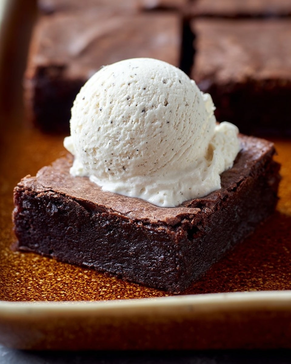 The image shows a close-up of a single square piece of dark chocolate brownie with a smooth, slightly cracked top layer. On top of the brownie, there is one round scoop of vanilla ice cream with a creamy white color and tiny dark specks, giving it a textured look. The brownie and ice cream sit on a brown speckled tray with a rough surface. In the background, there are other brownie squares that are blurred. photo taken with an iphone --ar 4:5 --v 7