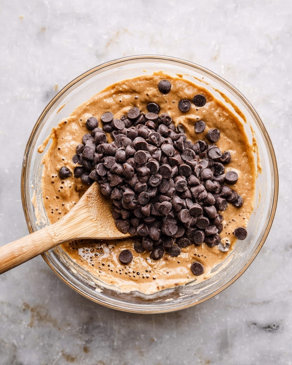 A clear glass bowl holds thick light brown batter mixed with small bubbles and air pockets. On top of the batter, there is a large heap of dark brown chocolate chips, roughly half the size of a pea, mostly sitting in the center and partly scattered around the edges. A wooden spoon with smooth texture and light tan color is stuck into the batter on the left side of the bowl. The bowl is placed on a white marbled surface with soft grey veins running through. Photo taken with an iphone --ar 4:5 --v 7