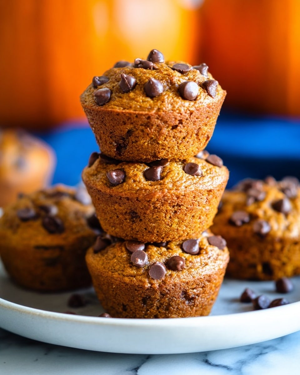 The image shows a stack of three golden brown muffins with chocolate chips on and inside them, placed on a white plate with other muffins around it. The muffins have a slightly rough, crumbly texture and the chocolate chips are shiny and dark brown. In the blurred background, there is a whole pumpkin adding a warm orange color to the scene. The plate is set on a white marbled surface. photo taken with an iphone --ar 4:5 --v 7