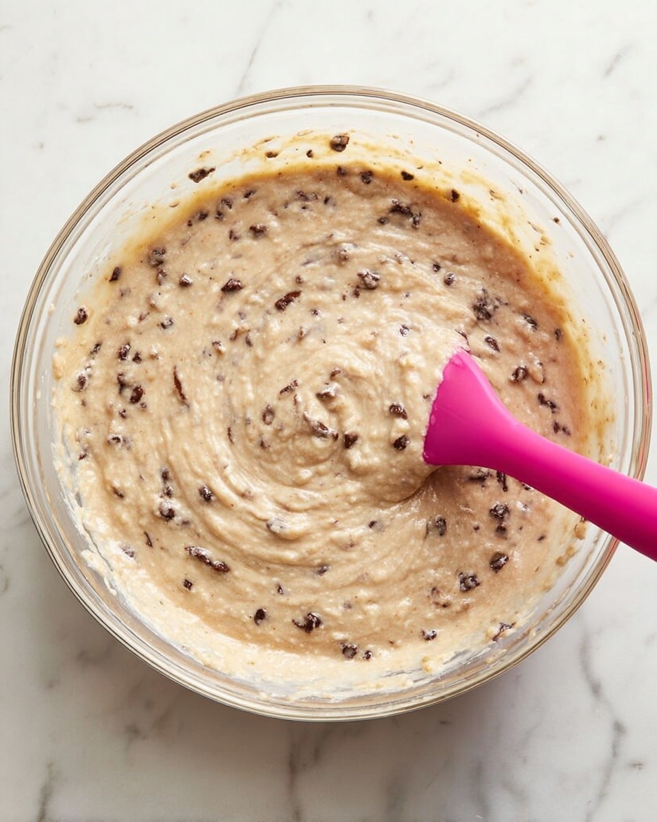 A clear glass bowl sits on a white marbled surface, filled with a thick, creamy beige batter speckled with small dark chocolate chips evenly spread throughout. A bright pink silicone spatula is partially submerged in the batter, resting near the right edge of the bowl with some batter clinging to it. The batter looks smooth with a slightly lumpy texture and a swirl pattern in the middle where it has been stirred. Photo taken with an iphone --ar 4:5 --v 7
